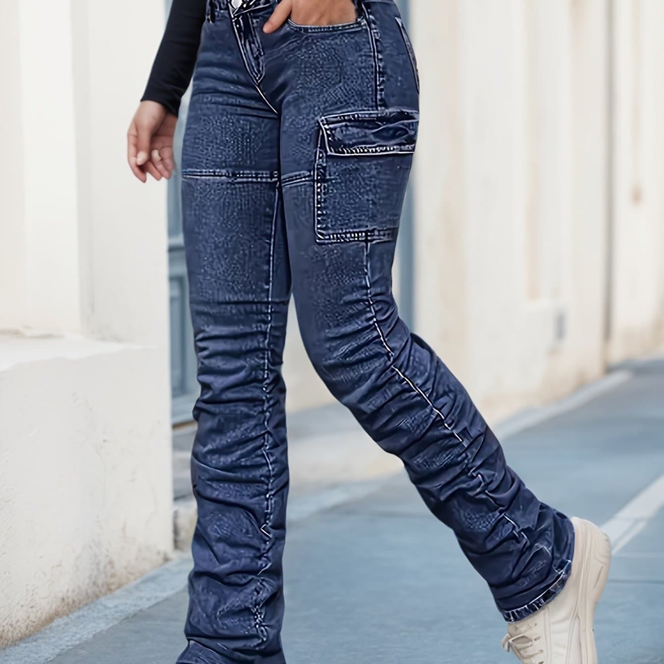 TEMU Textured Blue Comfortable And Relaxed Women's Jeans With Large Pockets, Wear-resistant Design, And Calf