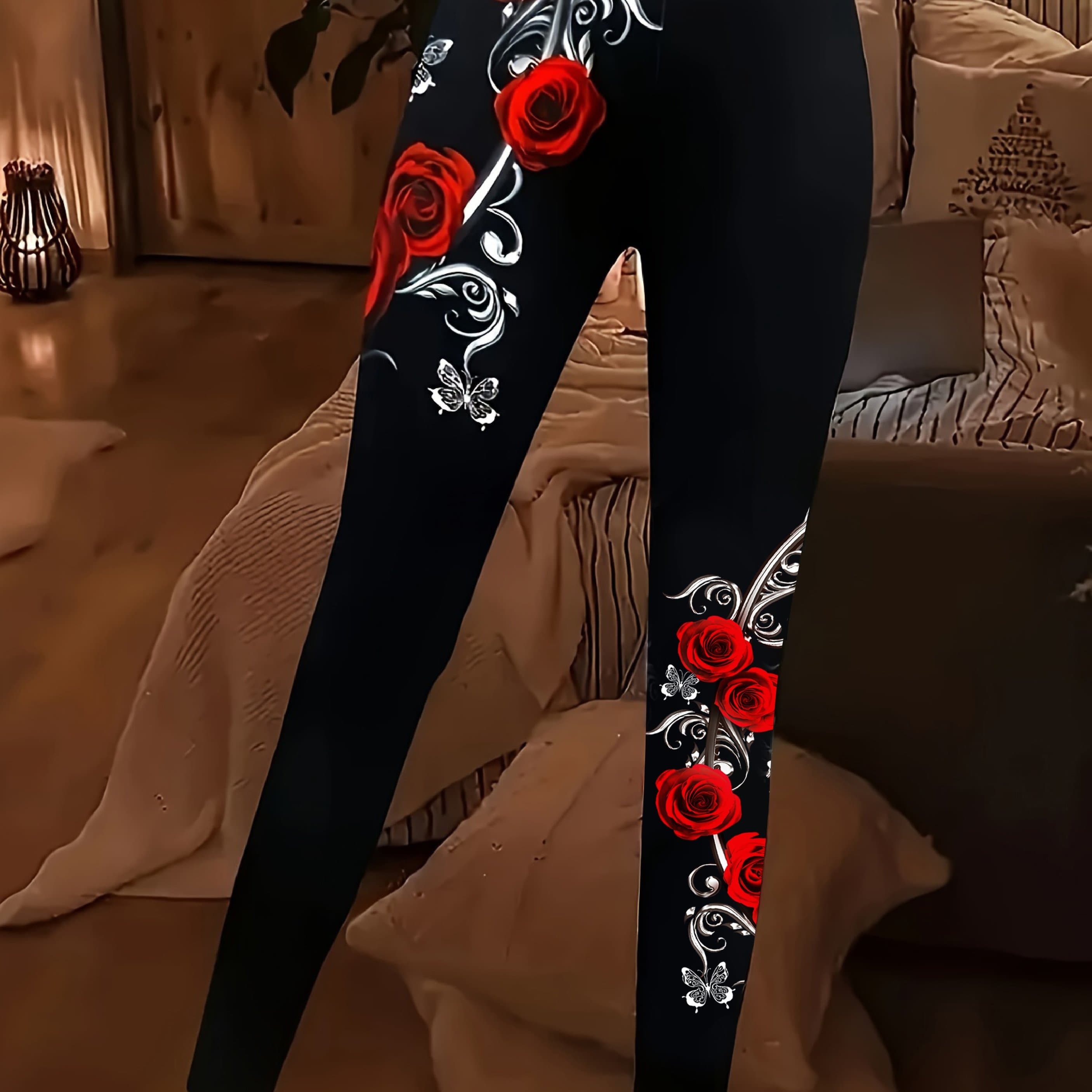 TEMU Plus Size Floral Print Leggings, Casual High Waist Stretchy Leggings For , Women's Plus Size Clothing