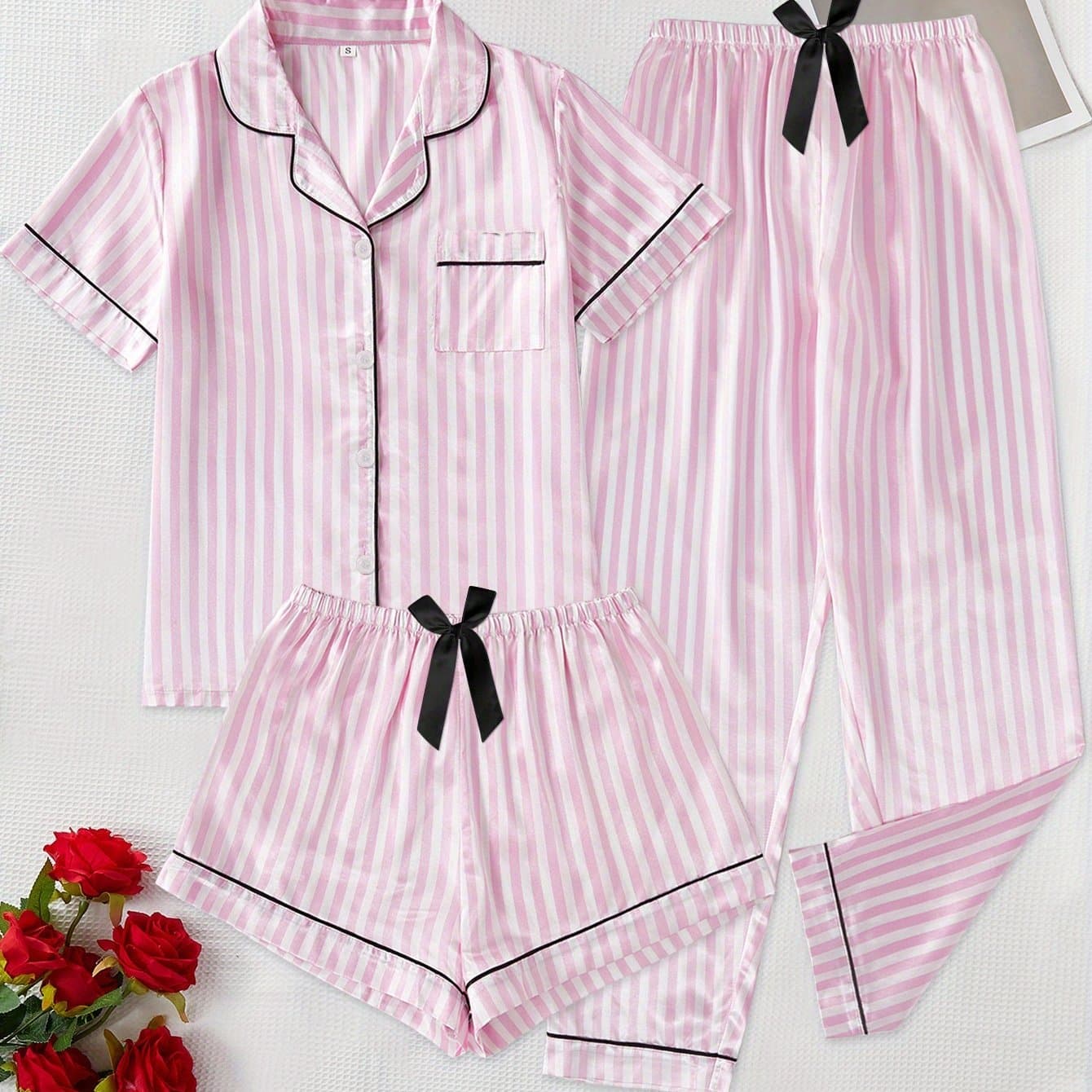TEMU Elegant Women's Short-sleeve Pajamas Set With Shorts And Long Pants, Featuring A Collared Striped Print And , Includes 3 Pieces For