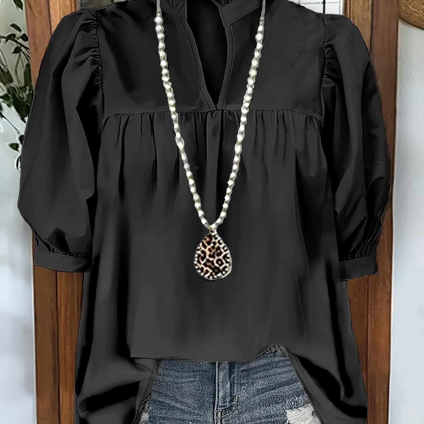 TEMU Plus Size, Plus Size Shirt, Women's Fashion Elegant Casual Solid Color Pleated V-neck Button Puff Sleeve Short Sleeve Shirt