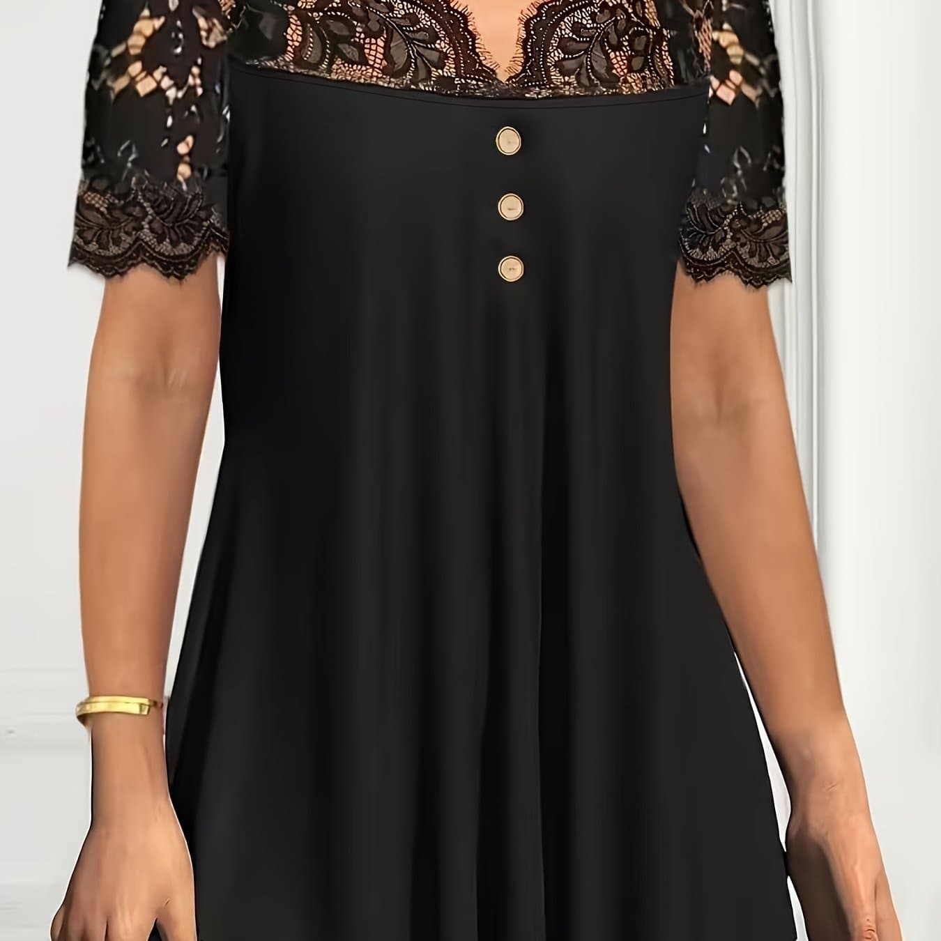 TEMU Women's Elegant Lace Trim Top With Front Button Detail, Short Sleeve V-neck Lace Splicing T-shirt, Solid , Daily Wear, Ladies Elegant Top, Women's Clothing