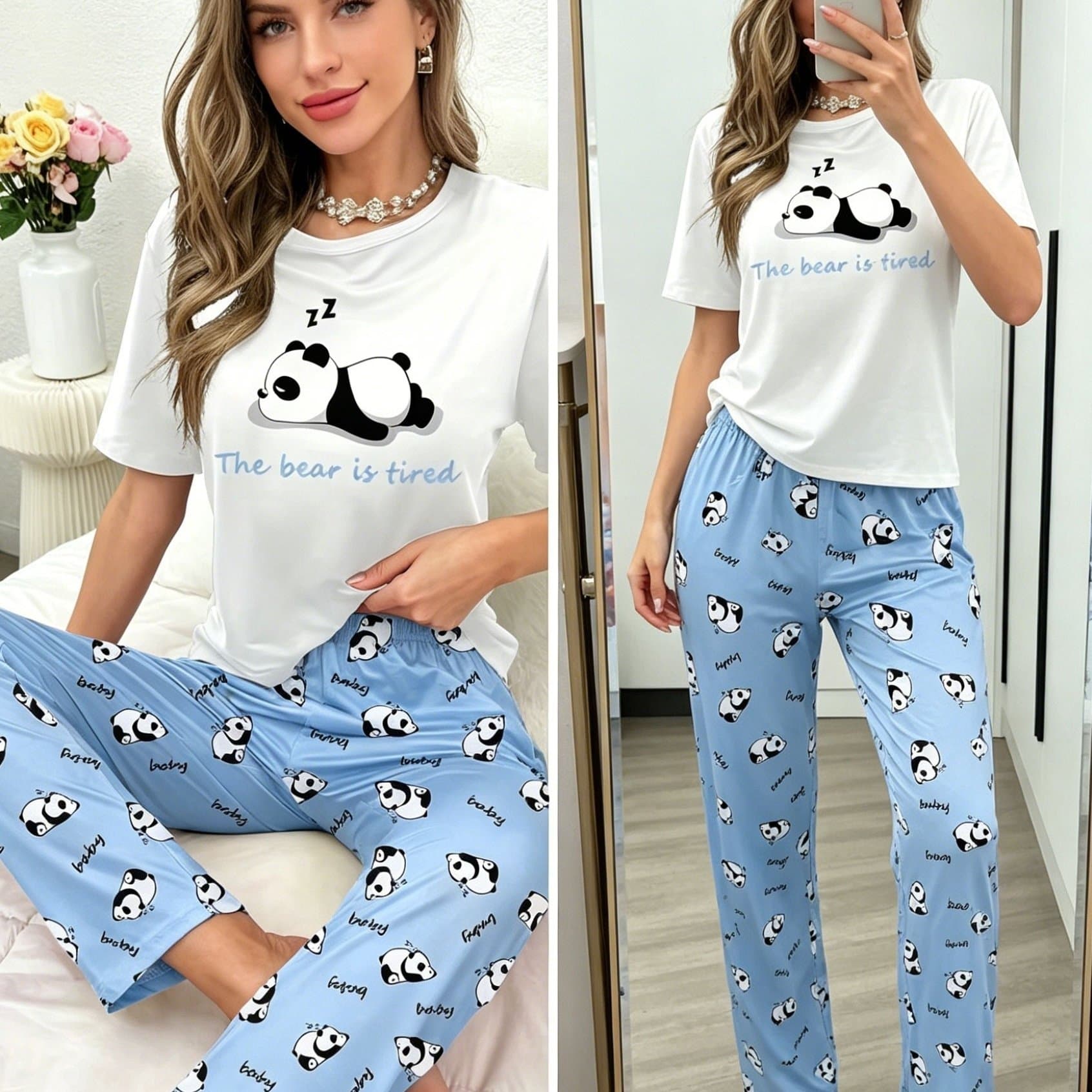 TEMU Panda Print Pajama Set, Featuring A Round Neck Short-sleeve Top And Long Pants For Women, Suitable For Autumn And Winter, Made From A - Fabric
