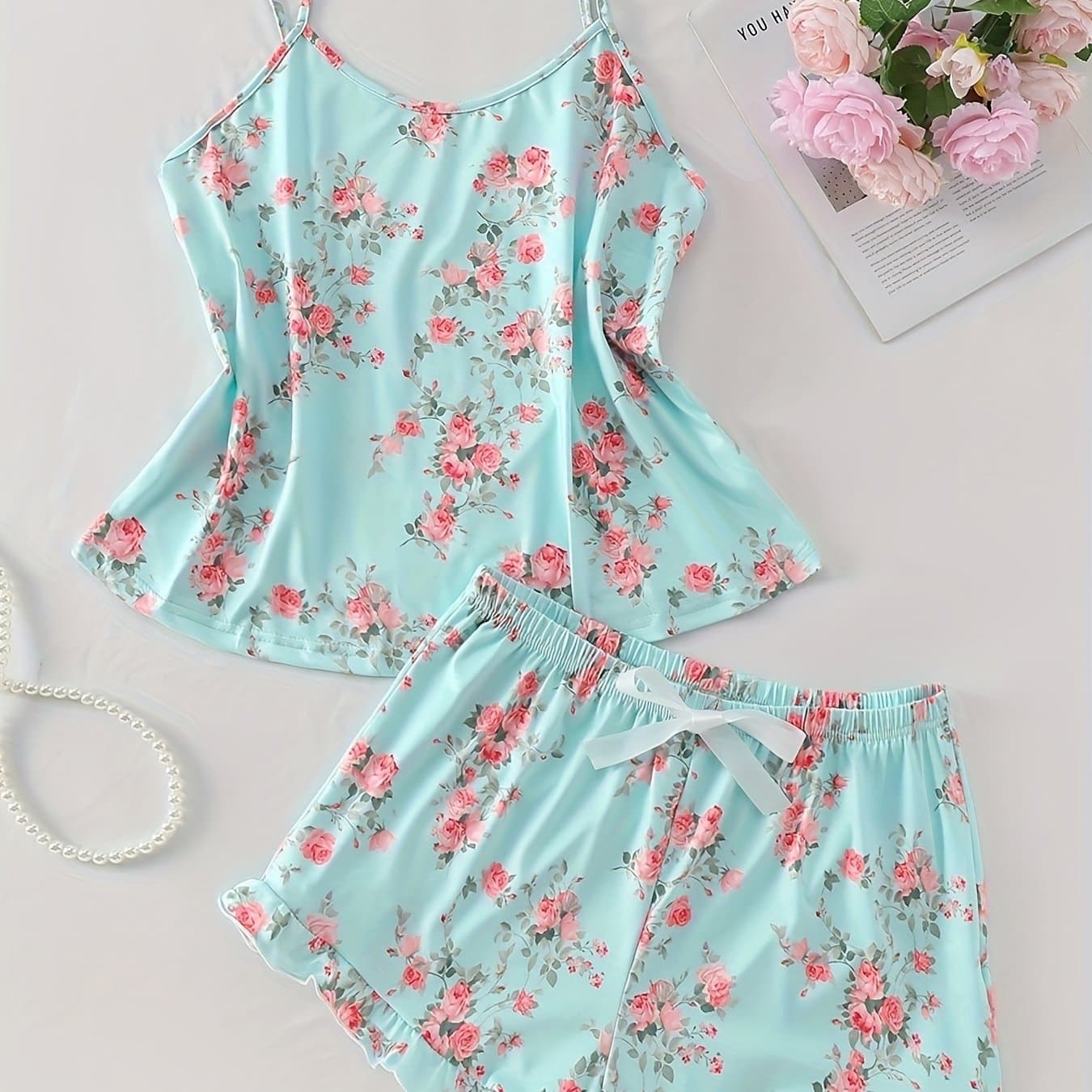 TEMU Women's Floral Print Cami With Front Tie Bow Top And Shorts Pajama Set