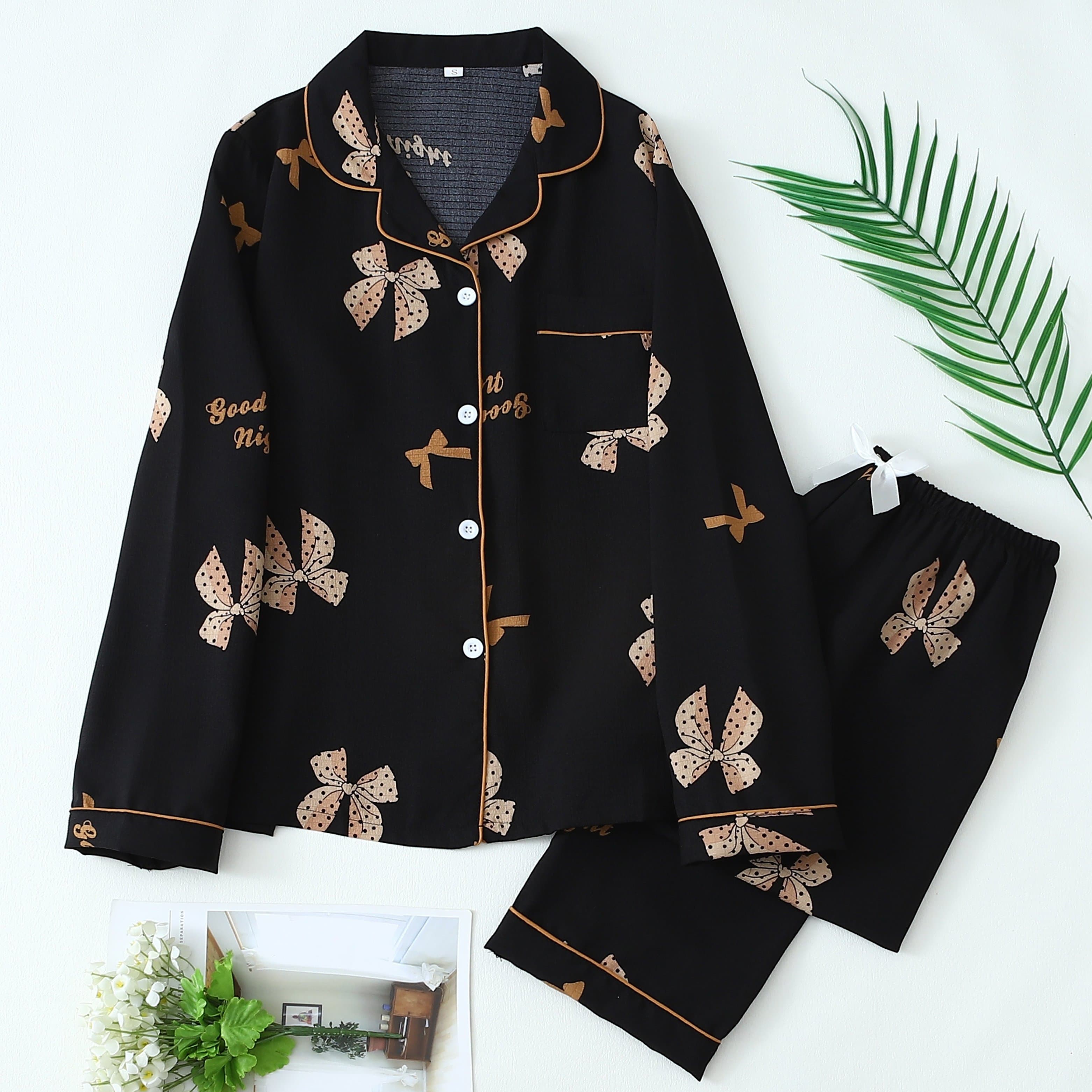 TEMU Bow Print Women's Long Sleeve And Pants Pajama Set