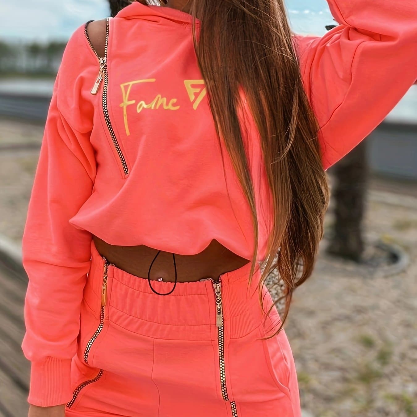 TEMU Letter Print Hoodie & Zipper Design Sweatpants Set