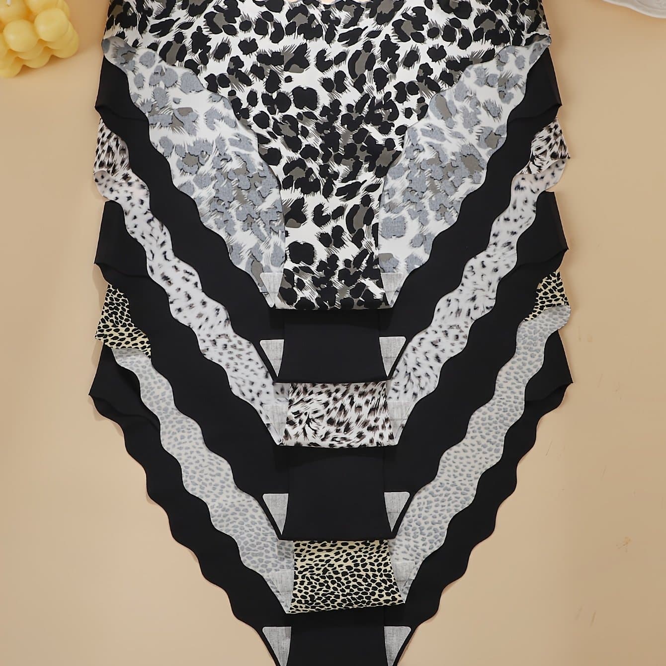 TEMU 6-pack Leopard Print Contrast Skin-friendly Soft Women's Panties With Wavy Lace, Individual Cool Women' Panties