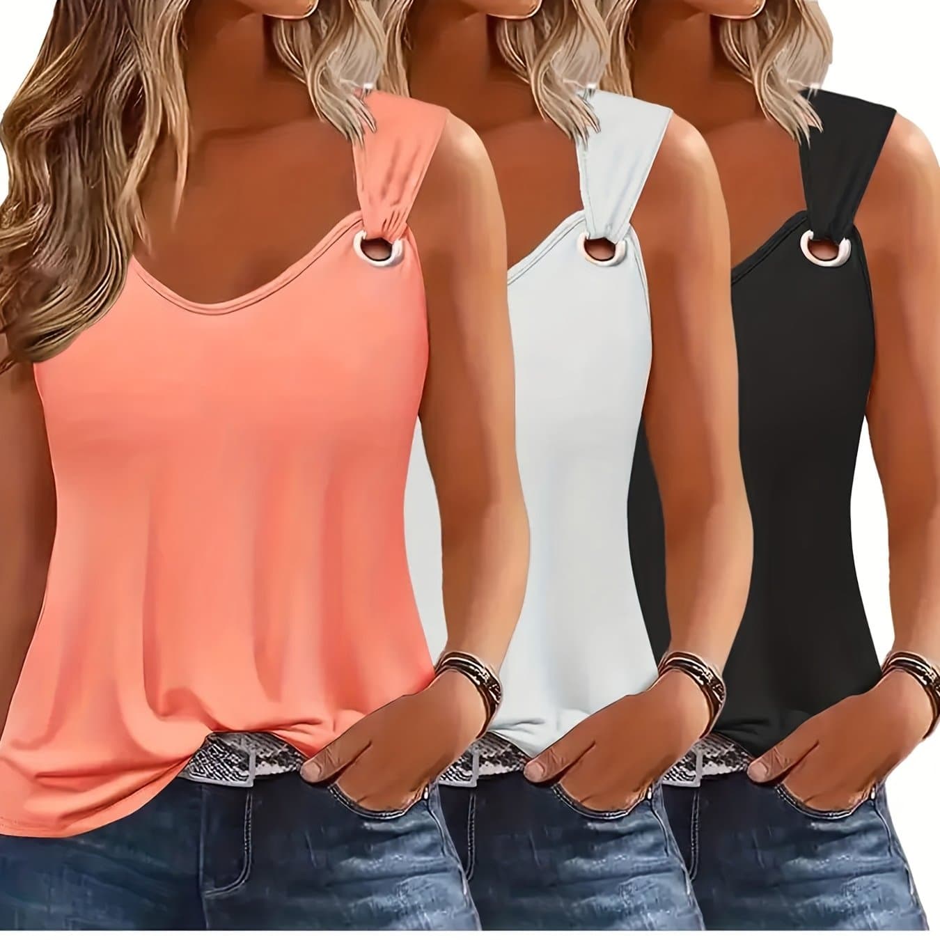 TEMU Summer Women's Tank Top Set Of 3 - Sleeveless V-neck Shirts, Machine Washable, Solid Color Casual Vests For Spring And Summer