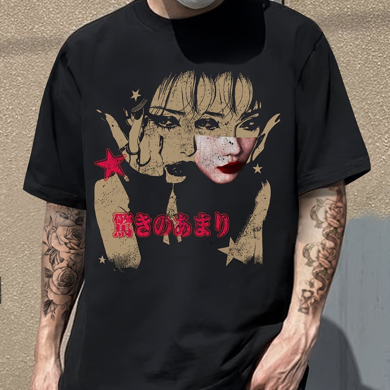 TEMU Patterned Portrait Fashion T-shirt, Men's Casual Sports Loose Short Sleeve Black Shirt With Character Head Portrait