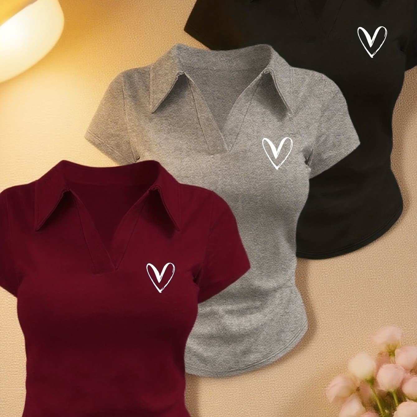 TEMU 3pcs American Waist-cinching Pleated Collar Short Top For Women, New Summer Style With Heart Print Design, Short-sleeved T-shirt