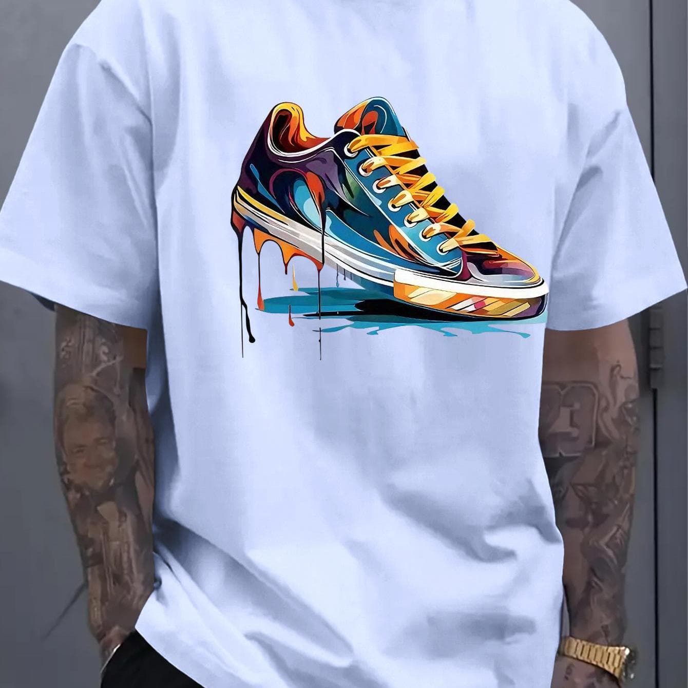 TEMU Fashionable Street-style Men's T-shirt, With Colorful Trendy Shoes, Designed With A Paint-drip , Suitable For Everyday Street Fashion And Commuting, Washable