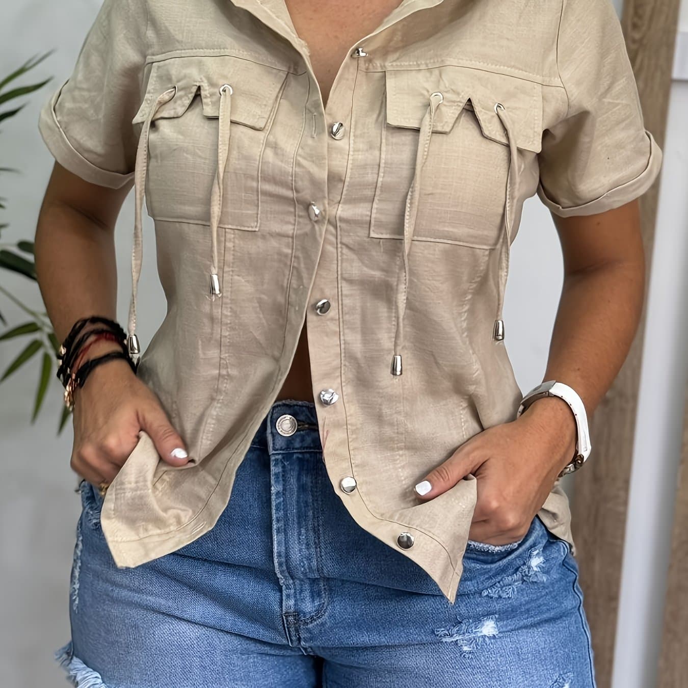 TEMU Elegant Short-sleeved Solid-color Casual Blouse For Women