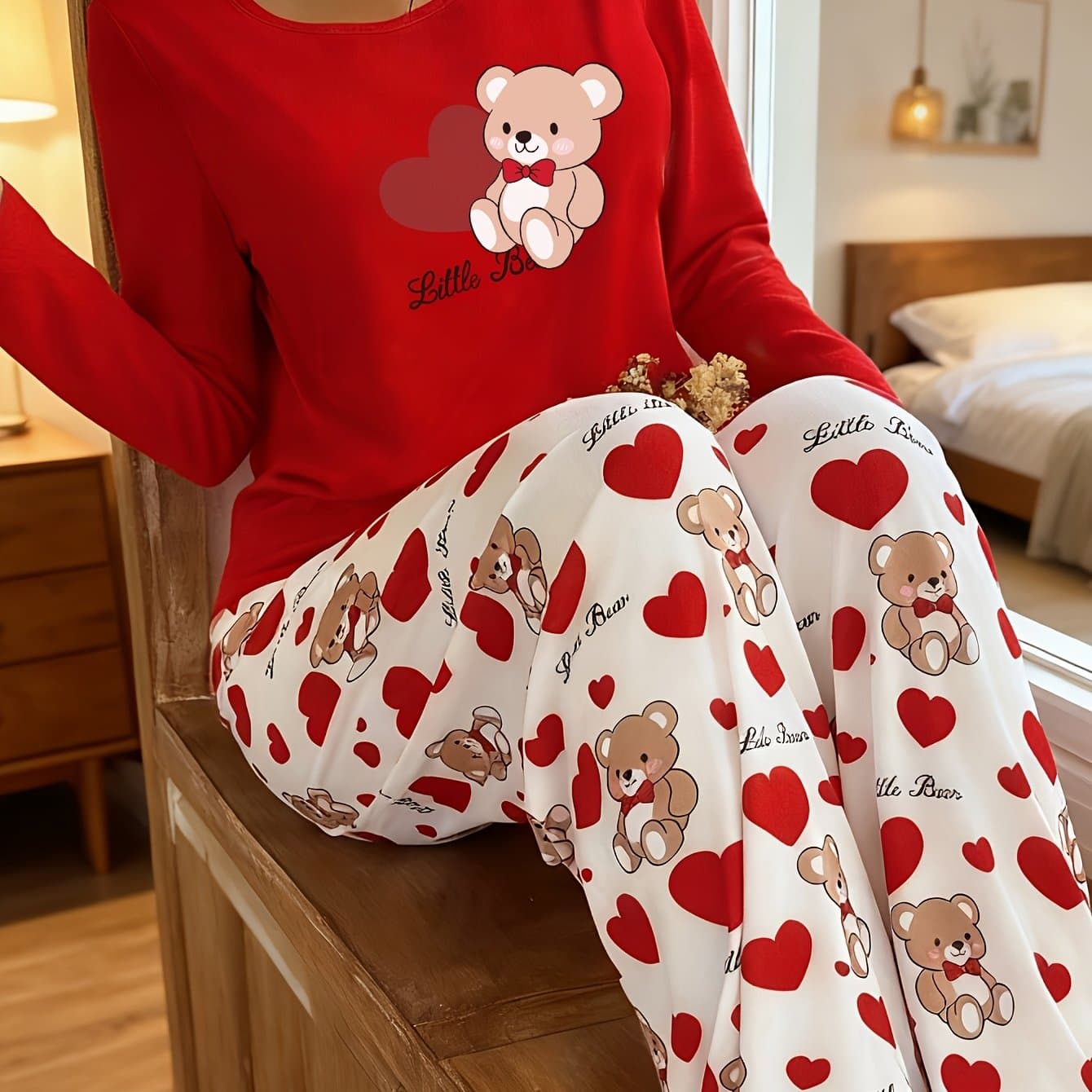 TEMU Women's Autumn/winter Long-sleeve Pajamas, Cute Bear Print 2pcs Loungewear Set