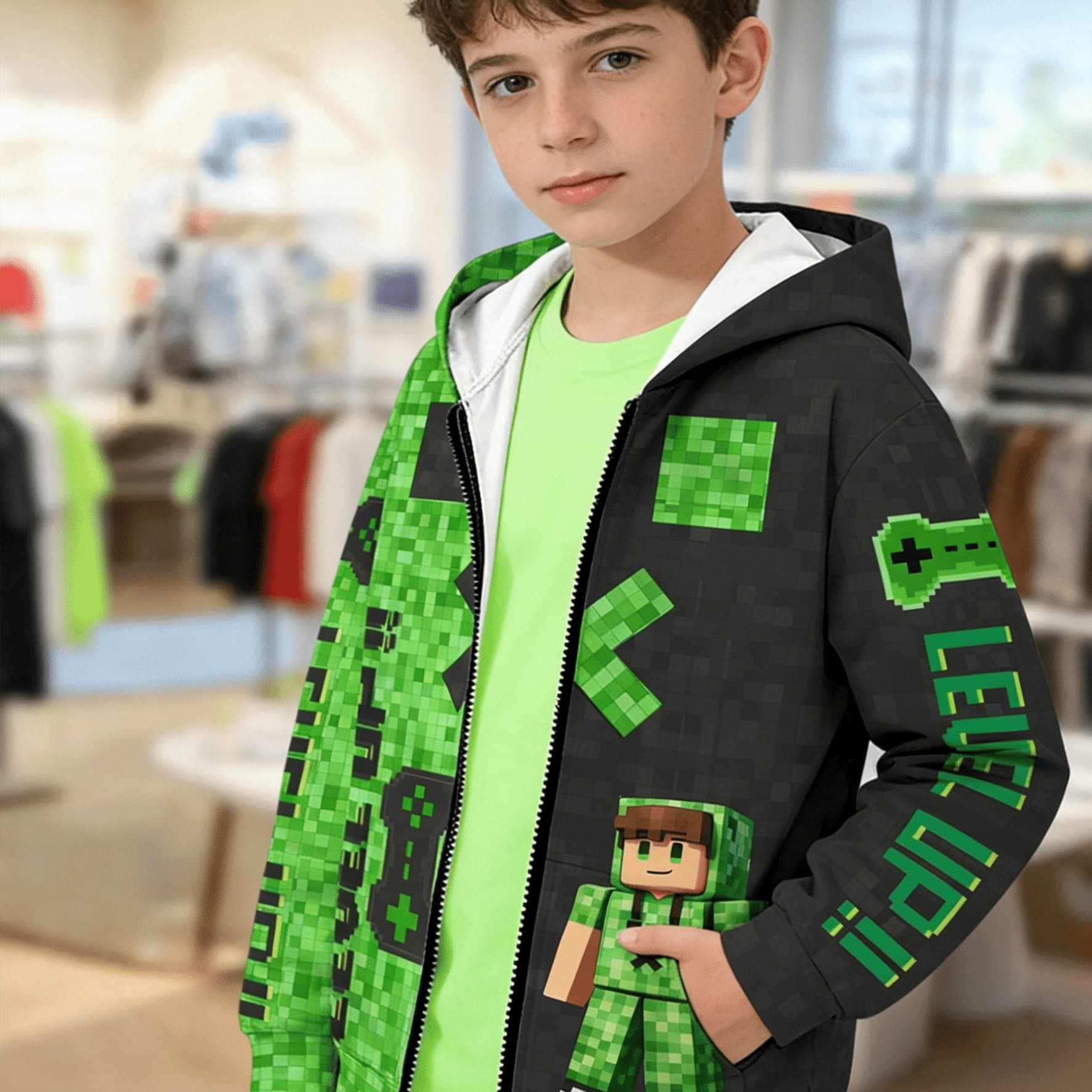 TEMU Cool Pixel Style Green Grey Splicing Pattern Boys' Zipper Hoodie Spring/autumn Pocket Coat Kids Fashion Novelty Clothing Daily Versatile Long Sleeve Top Holiday Gift