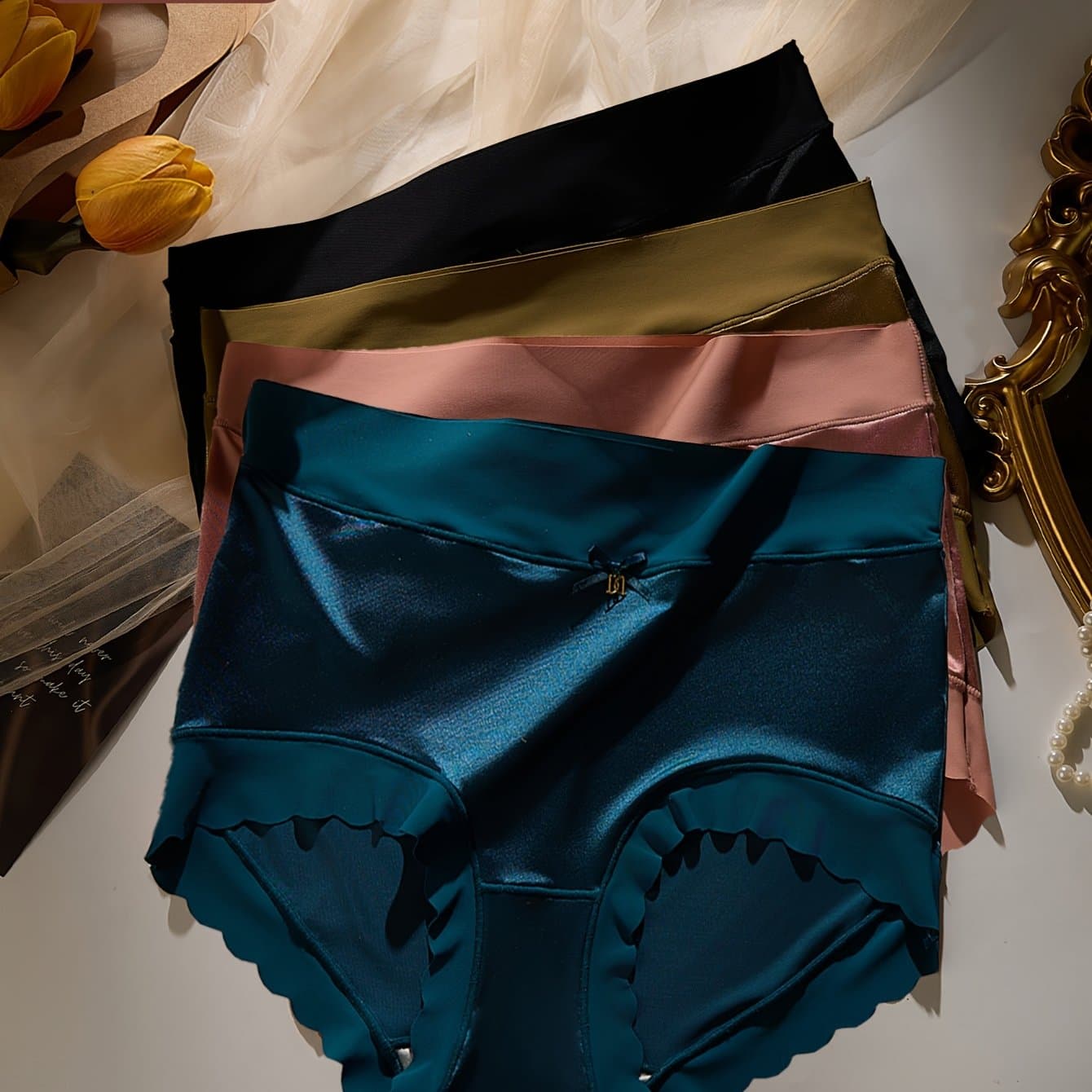 TEMU 4- Size Women's Panties, Glossy Design, Seamless With Bow, High-end Mom Panties
