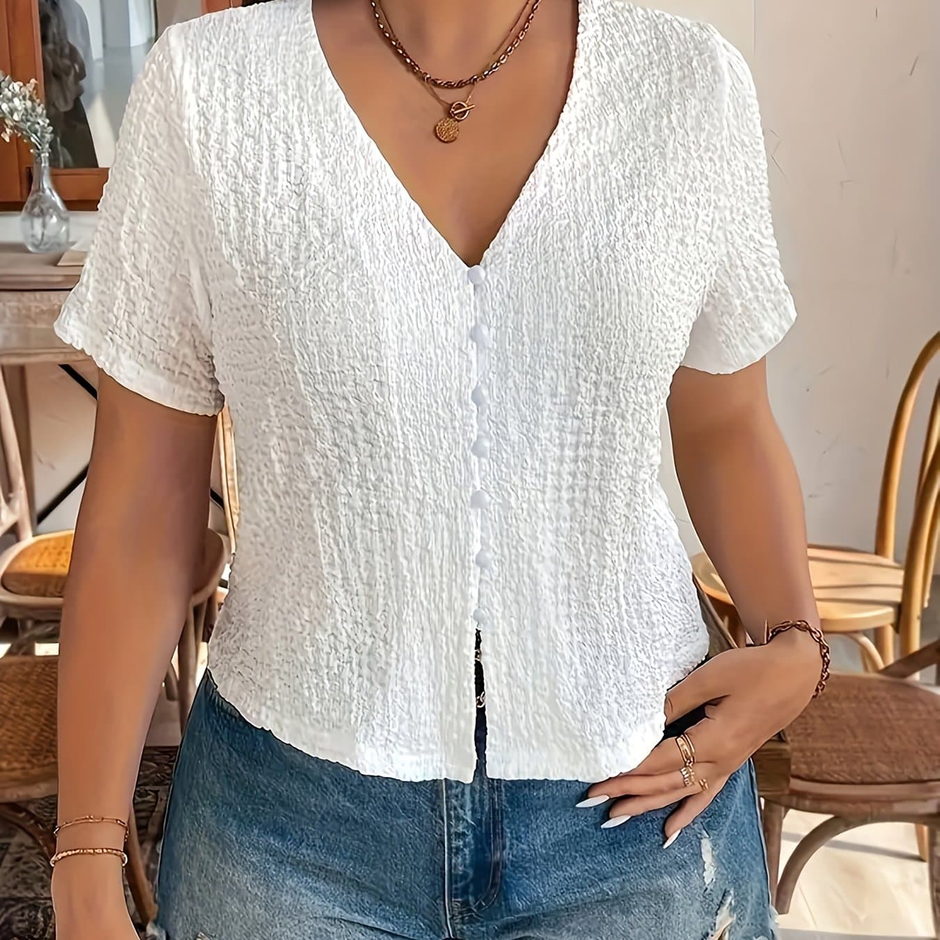 TEMU Button- V-neck Shirt