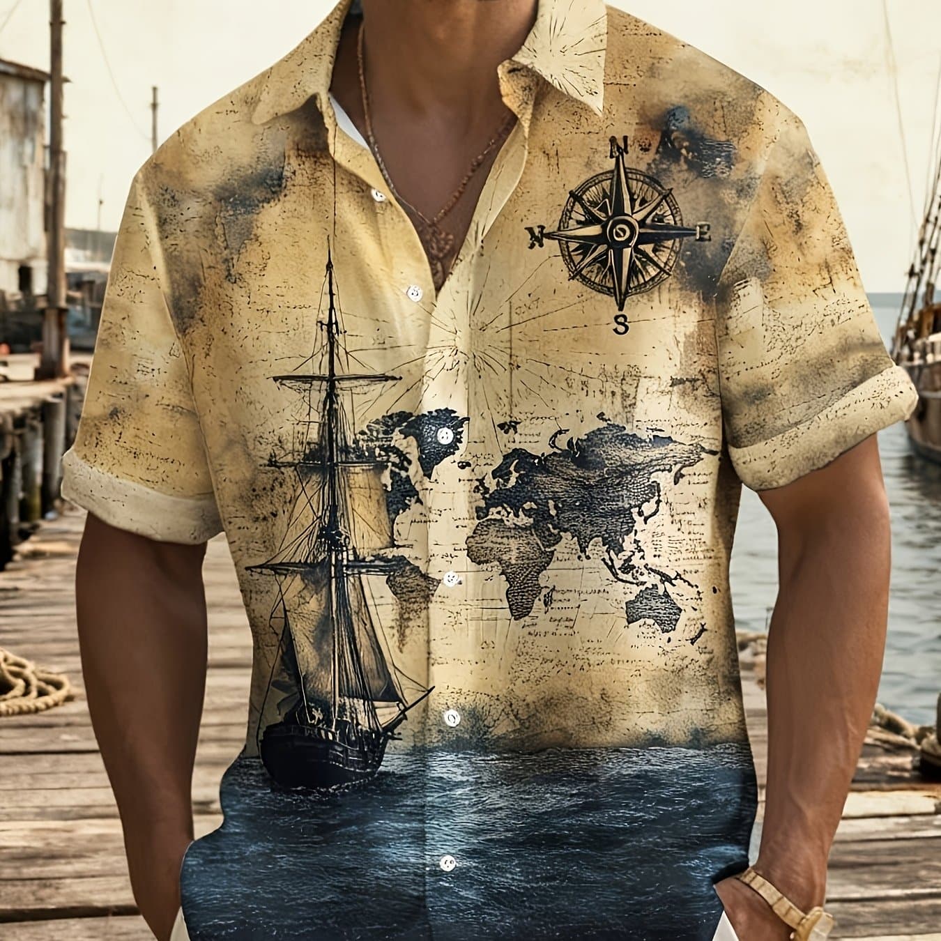 TEMU Vintage Nautical Print Men's Plus Size Short Sleeve Hawaiian Shirt World Map Sailboat Design, Summer Casual Shir