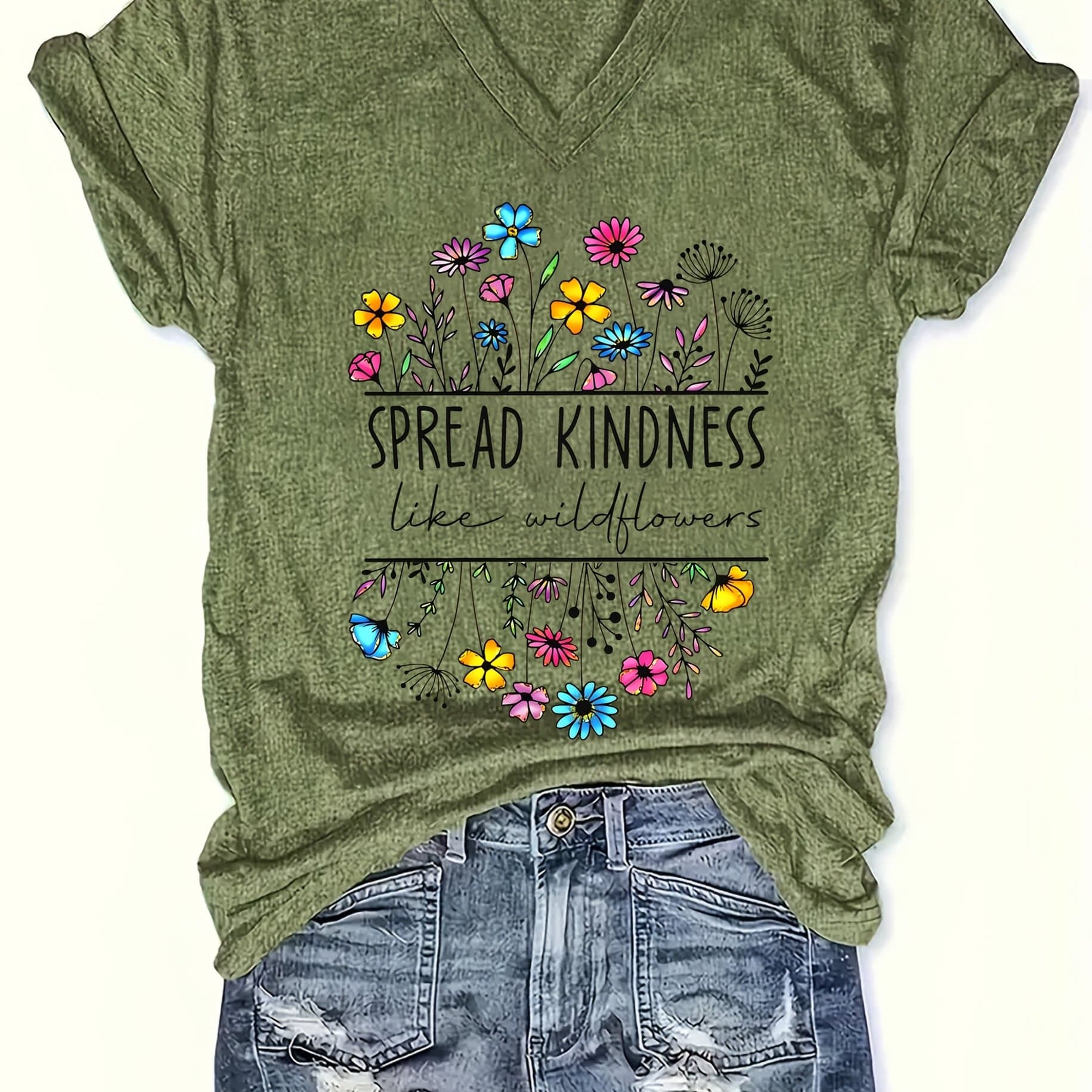 TEMU Floral And Letter Print Women's Spring And Summer Fitted V-neck T-shirt
