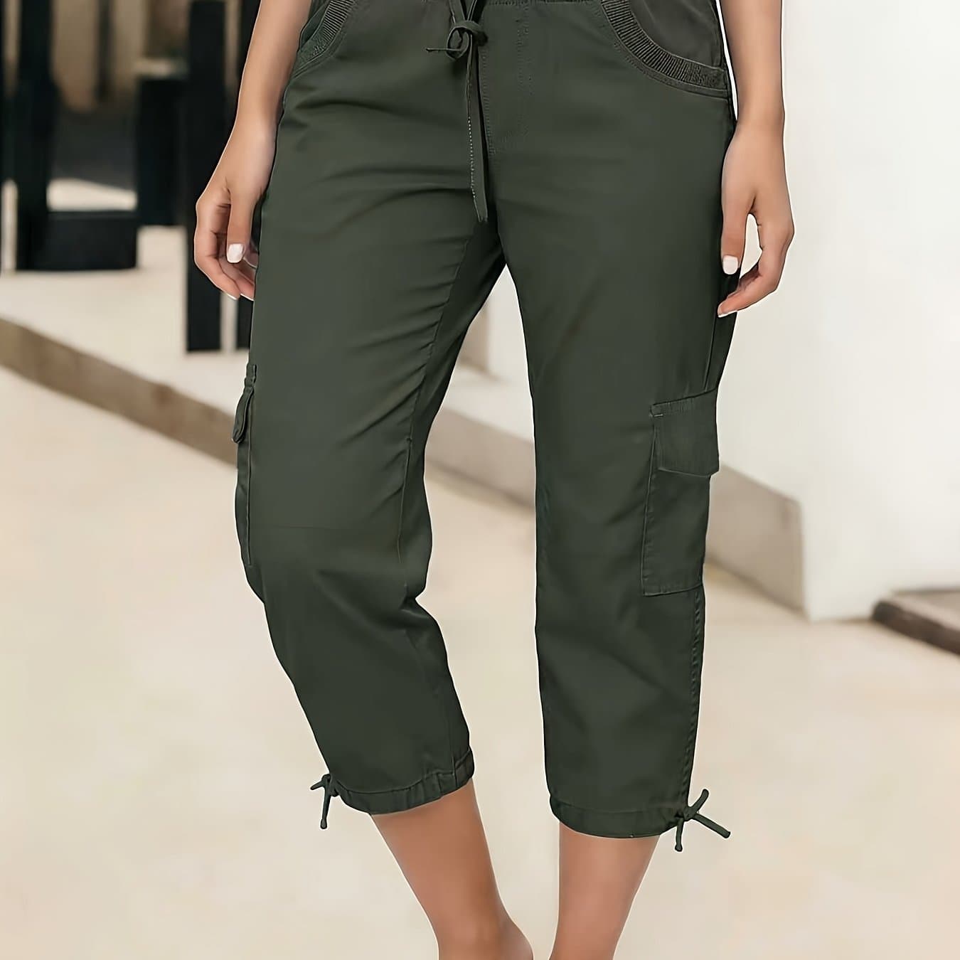TEMU 2026 Cross-border Western Summer Women's Cargo Capri Pants - Casual Fashion Trendy Trousers - Street Cargo Pocket Elastic Waist Drawstring Casual Capri Pants