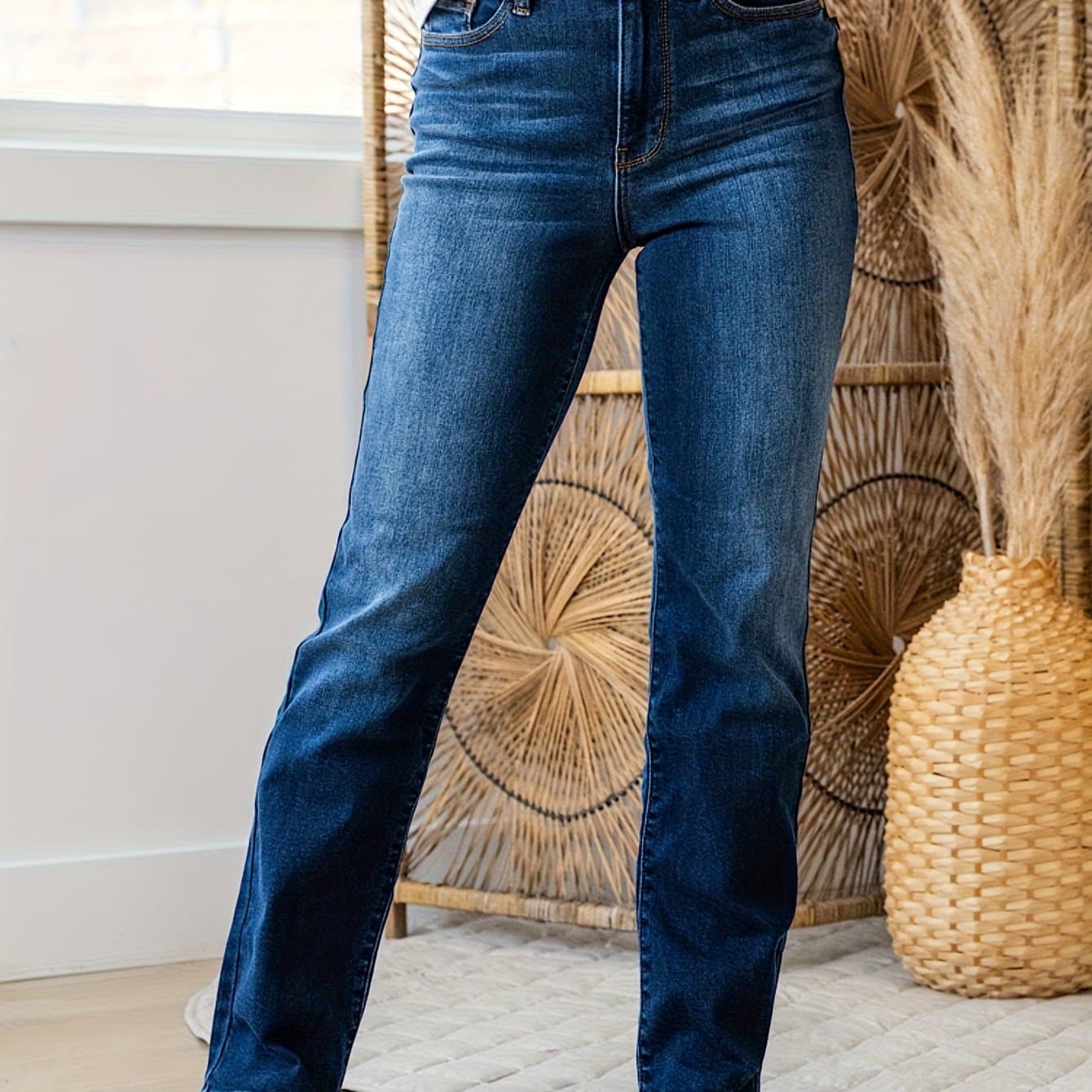 TEMU 2025 Women's Dark High-waist Straight-leg Narrow Jeans Slightly Elastic, Comfortable And , Elegant And Slim, Versatile
