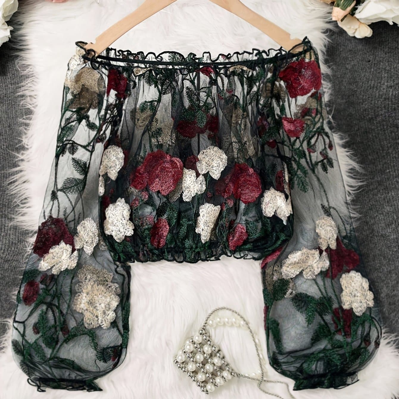 TEMU Plus Size - Plus Size - Elegant Plus Size Women's Sheer Mesh Floral Off-shoulder Blouse - Fashionable Everyday Layering Essential - Versatile Fashion Staple