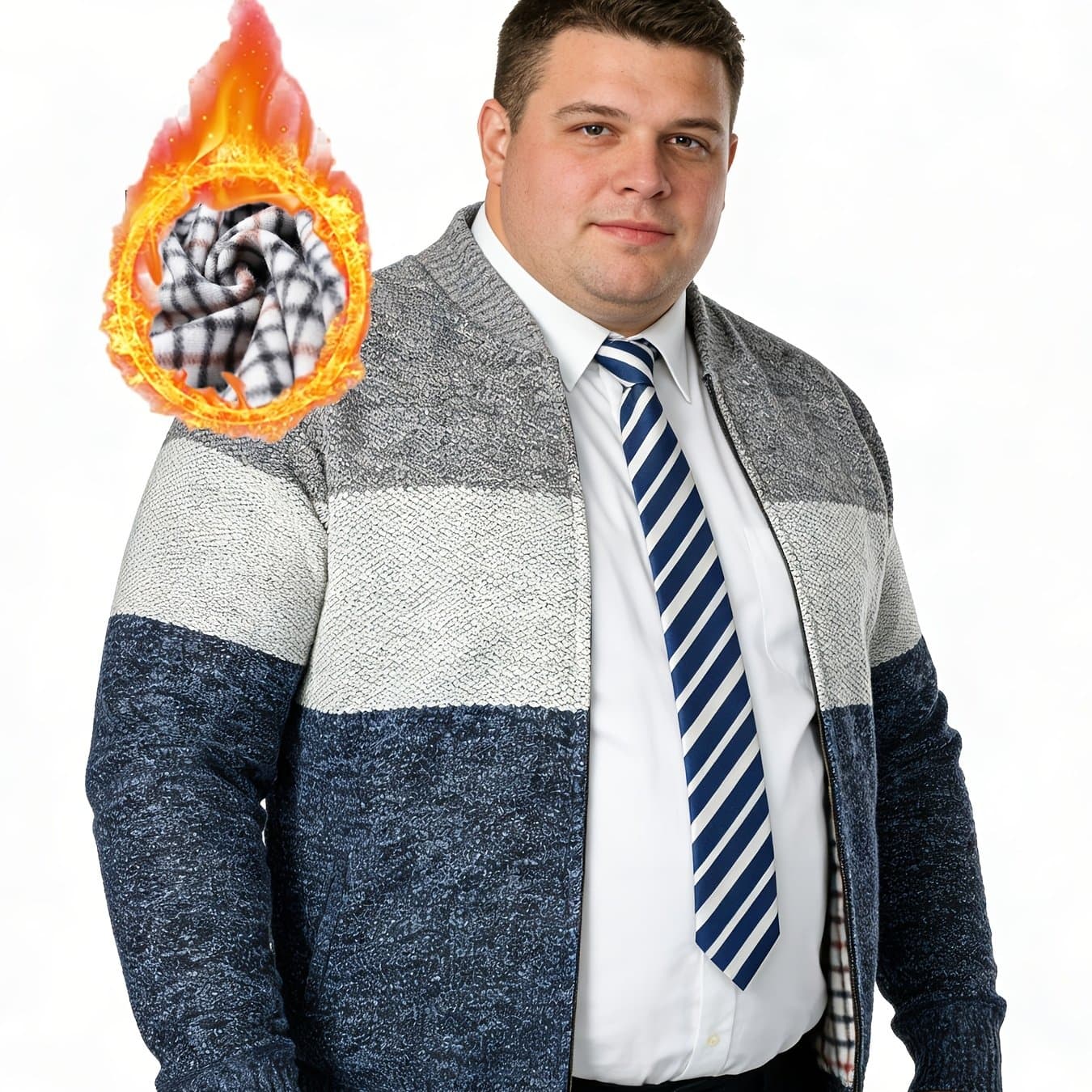 TEMU Men's Plus Size Autumn/winter Fleece-lined Thick Casual Jacket | High Neck, Medium Stretch Fabric, Color Block Pattern, Regular Fit