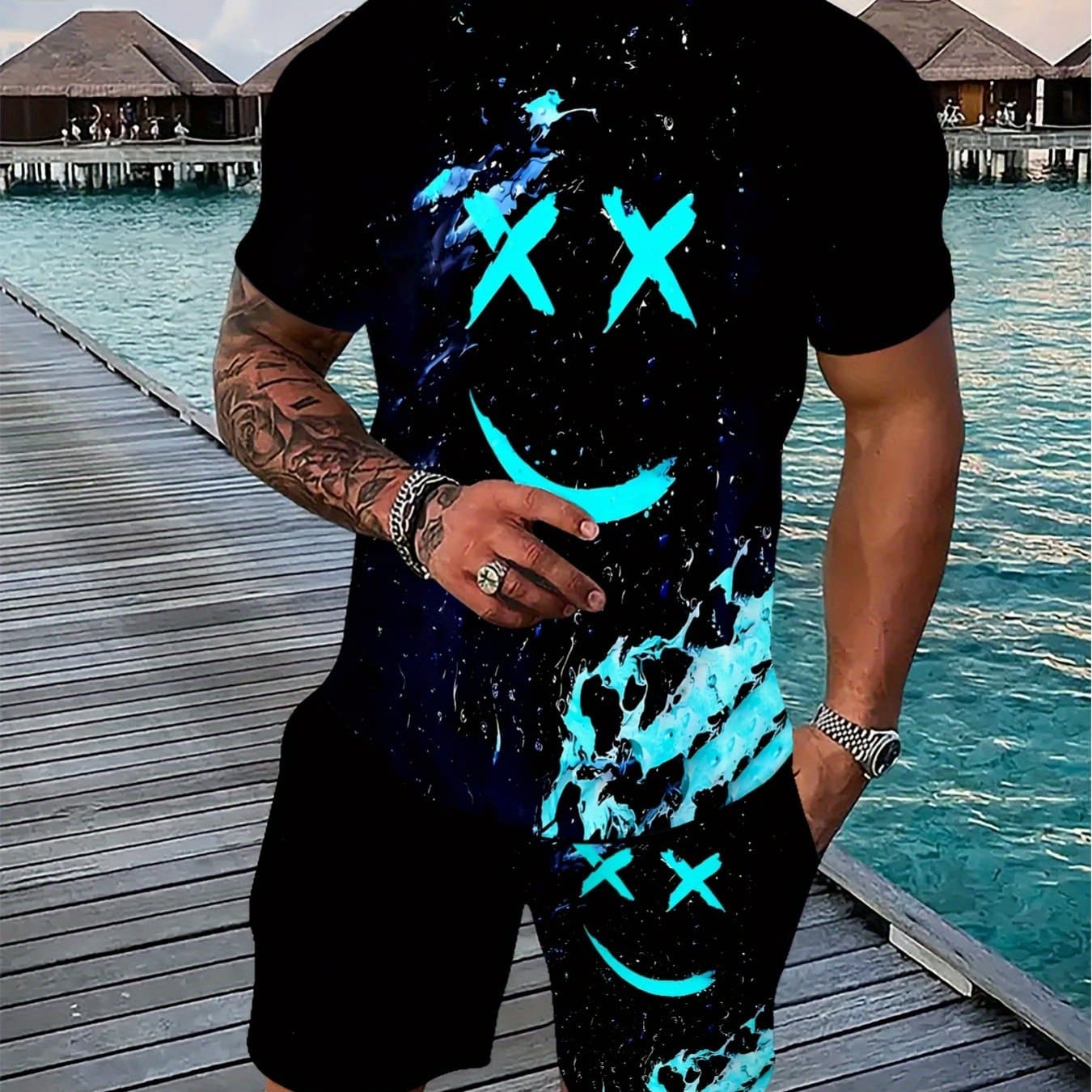 TEMU Men's 2pcs Summer Casual Outfit Set - Short Sleeve Crew Neck T-shirt & Drawstring Shorts With Pockets, Vibrant , Quick-dry Polyester, Perfect For Beach Or Poolsid