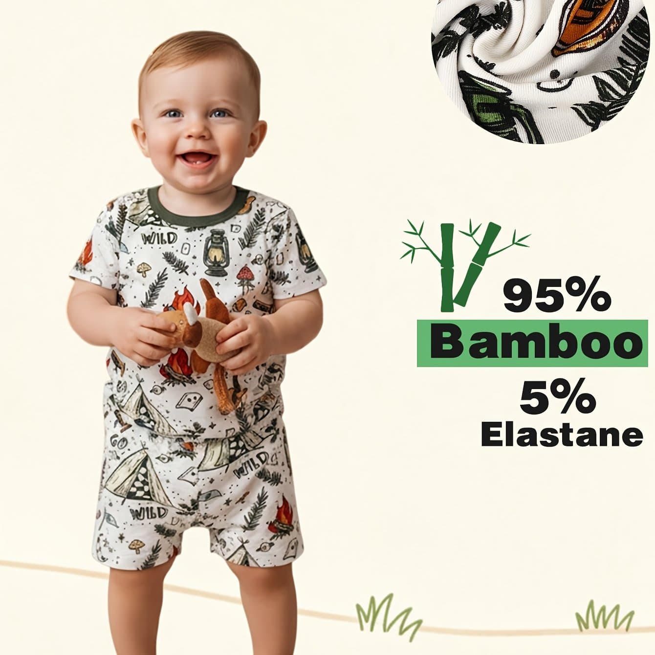TEMU Outdoor Campfire Tent Print Adorable Kids' Cuddly Bamboo Fiber Short 2pcs Set, Perfect For Outdoor