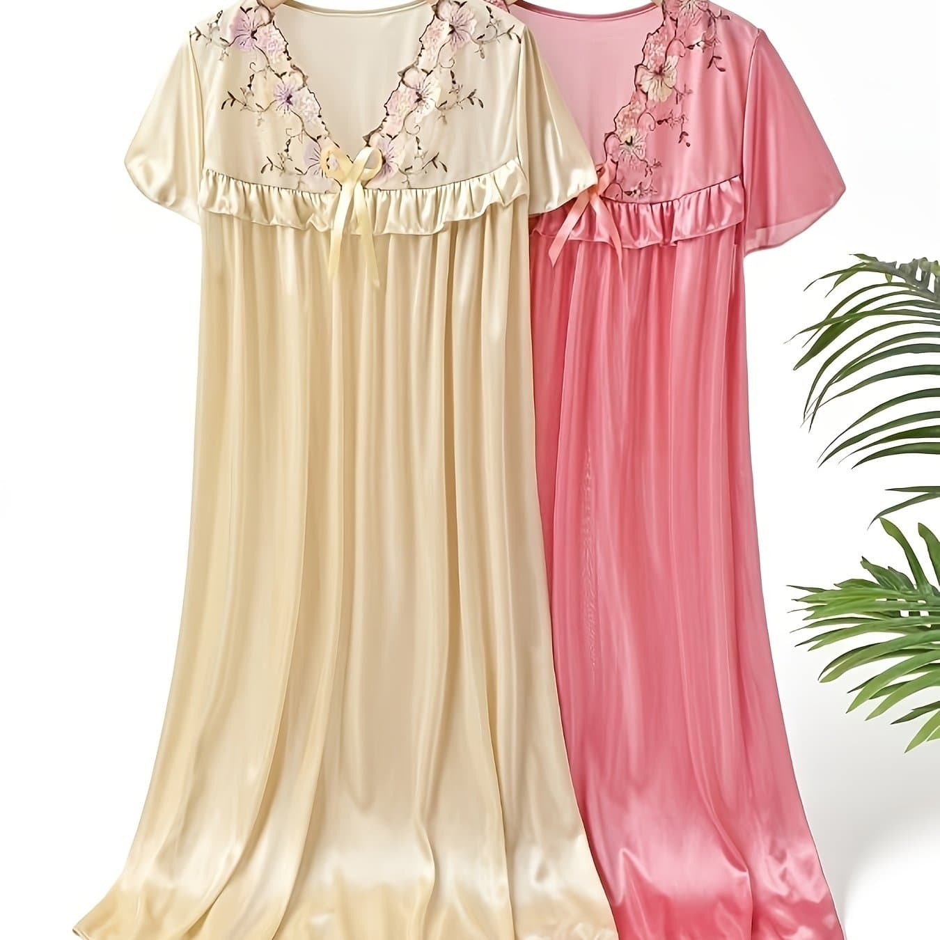 TEMU 2pcs Fashionable Summer Women's Lace Spliced Trim Sexy Nightgown, Elegant Loungewear, Beautiful Comfortable Soft Lightweight Breathable Women's Nightdress