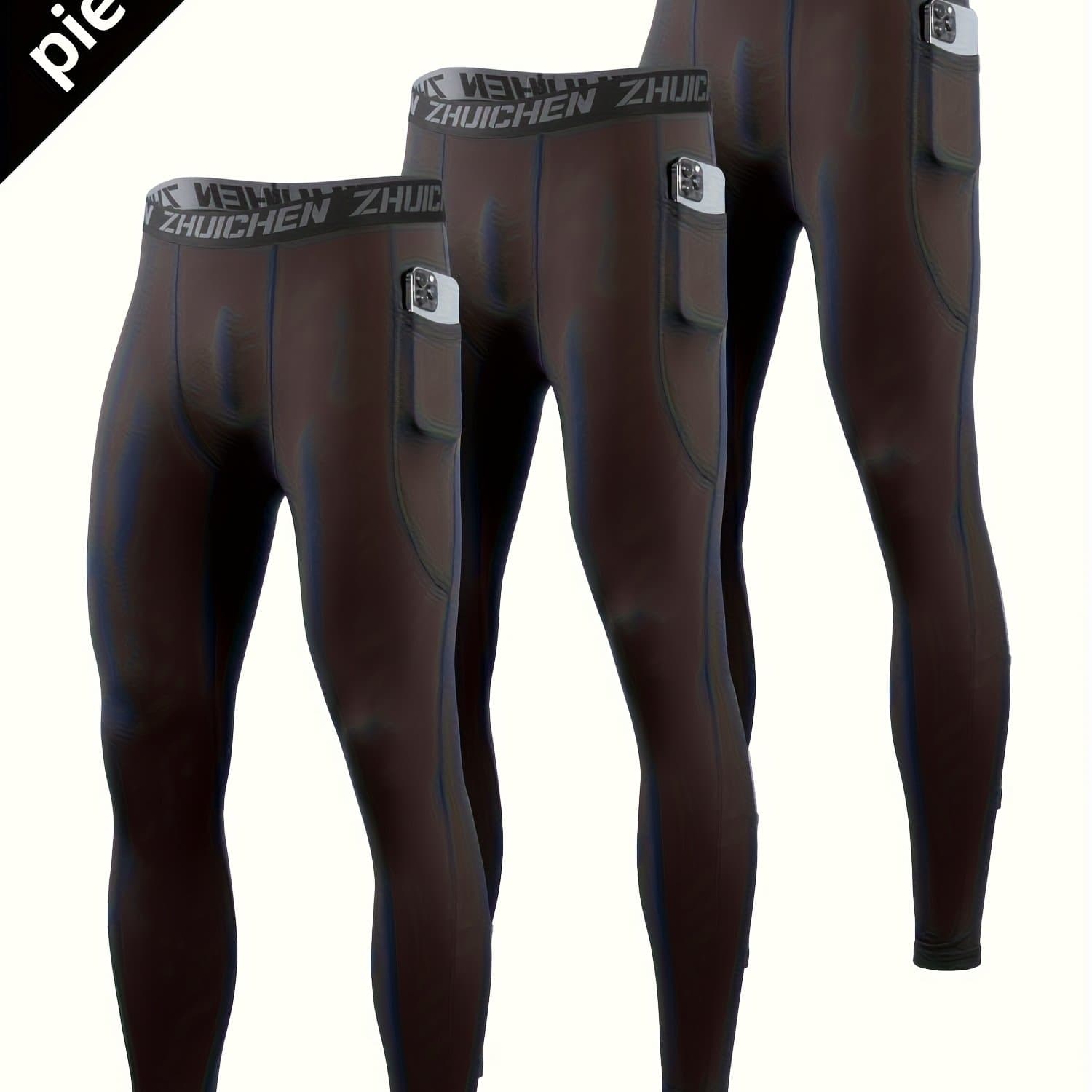 TEMU 3pcs Men's Compression Leggings With Pockets - High Stretch, Quick-dry Athletic Tights For Basketball, Running And Fitness Training