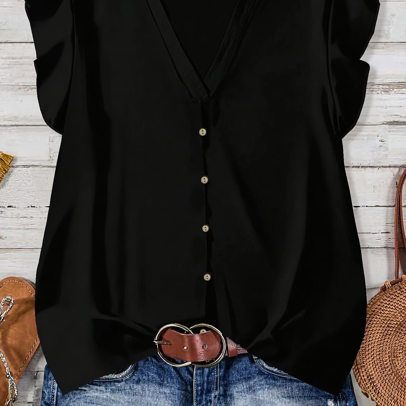 TEMU Elegant Women' Color V-neck Button-decorated Flutter Sleeve Shirt