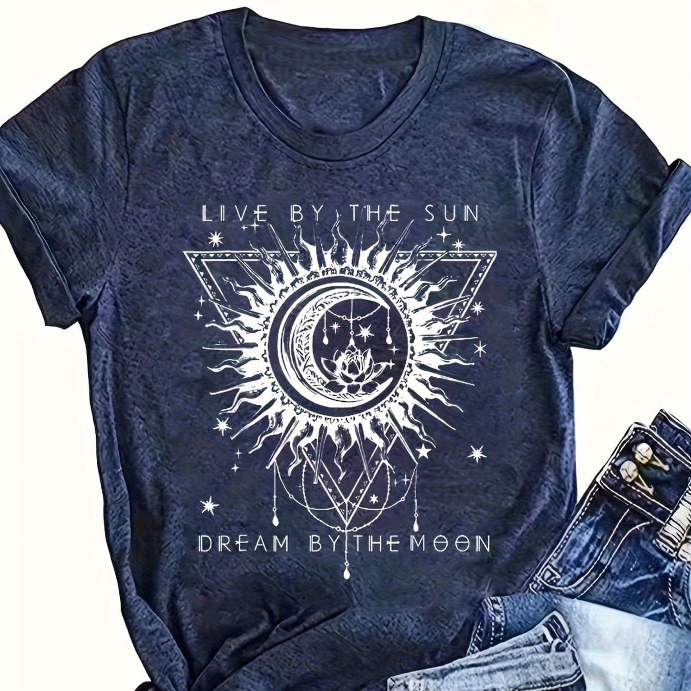 TEMU Men's & Women's Vintage Graphic T-shirt - 220gsm Heavyweight Short Sleeve Crew Neck Tee With Sun & Phase Print, Live By The By The Design, Casual Unisex Top For