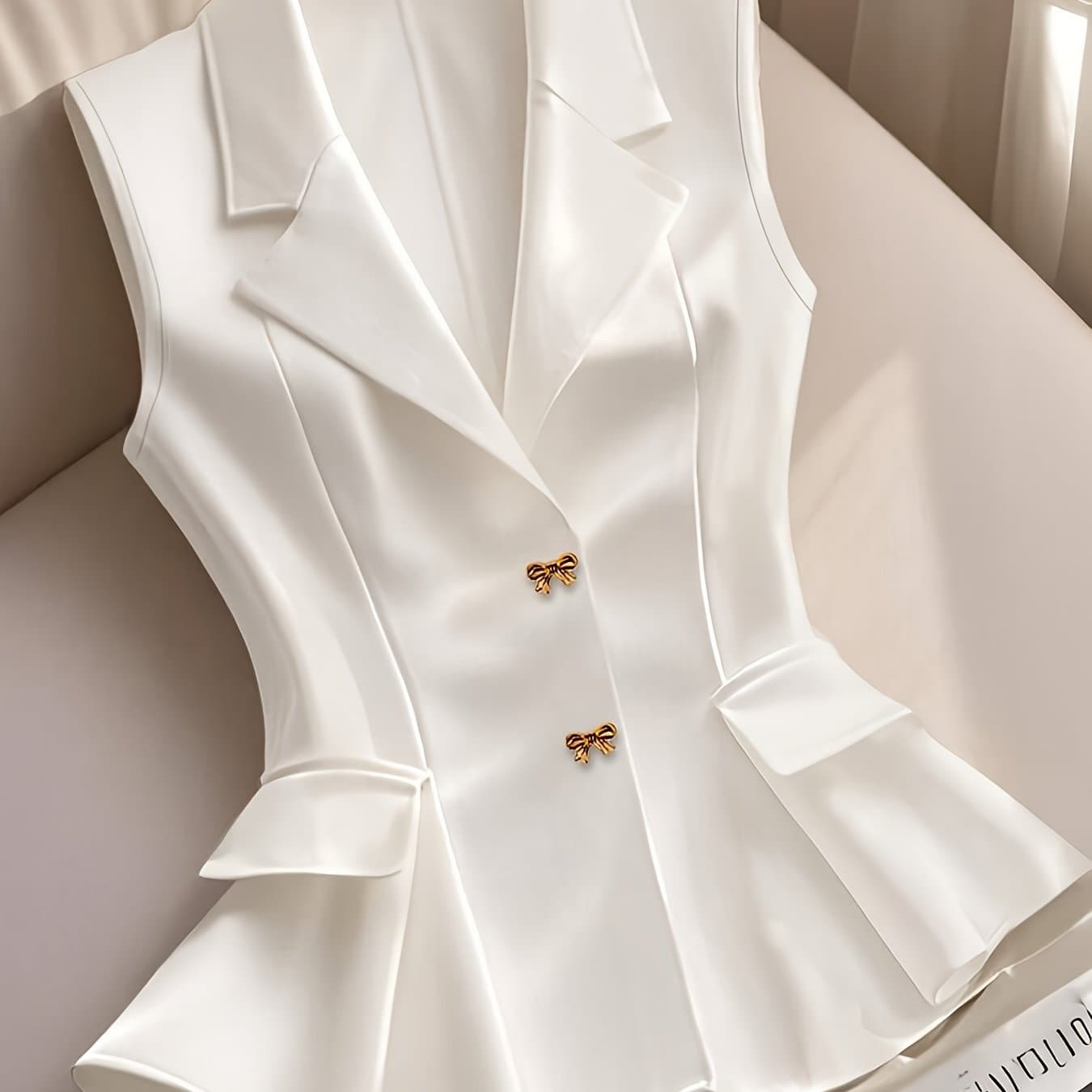 TEMU Women's Elegant V-neck Delicate Bow Button Sleeveless Waist-cinching A-line White Blazer Collar Thin Vest