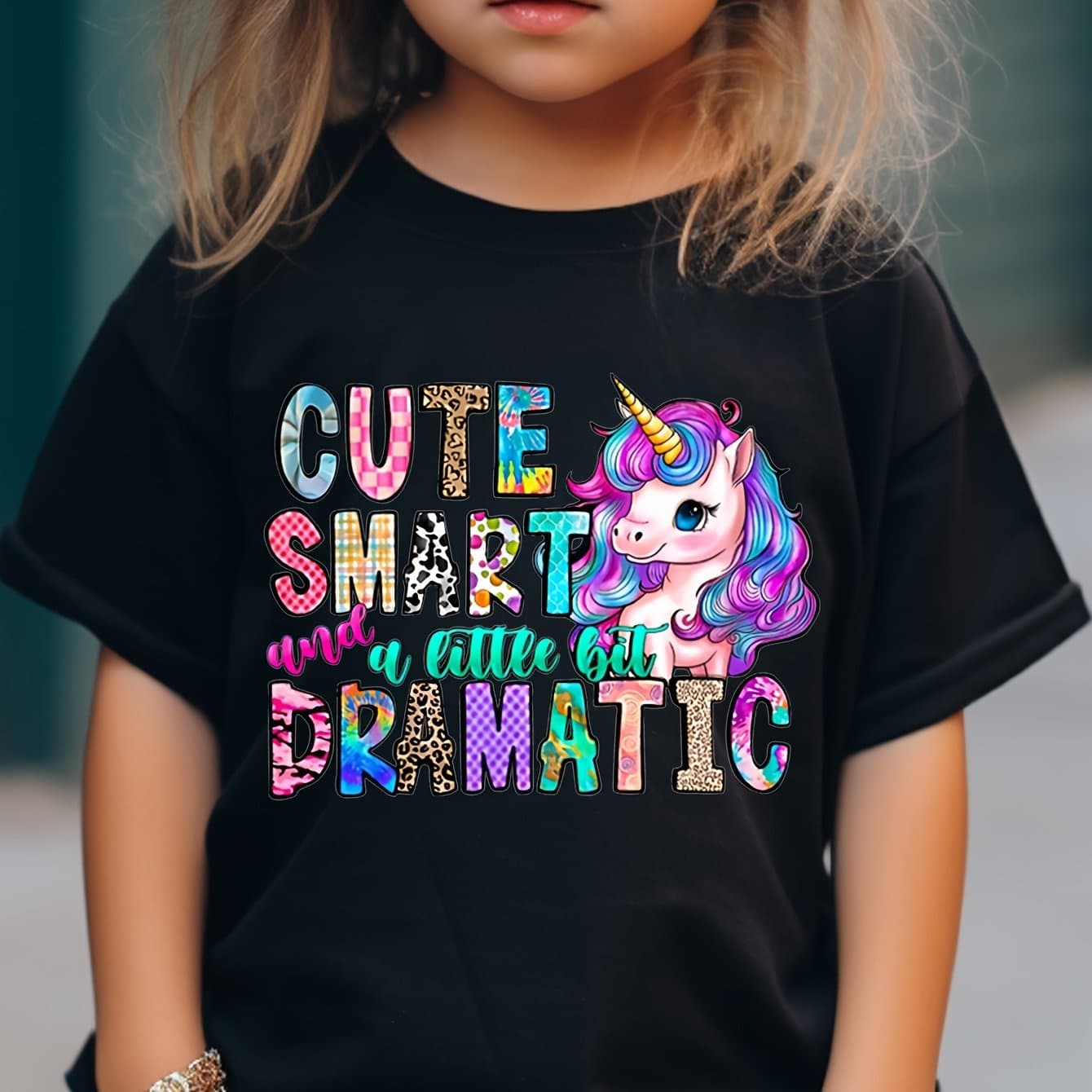 TEMU Girls' T-shirt With Colorful Unicorn Pattern Print And Letter Print For Comfortable And Casual Round Neck Short Sleeves