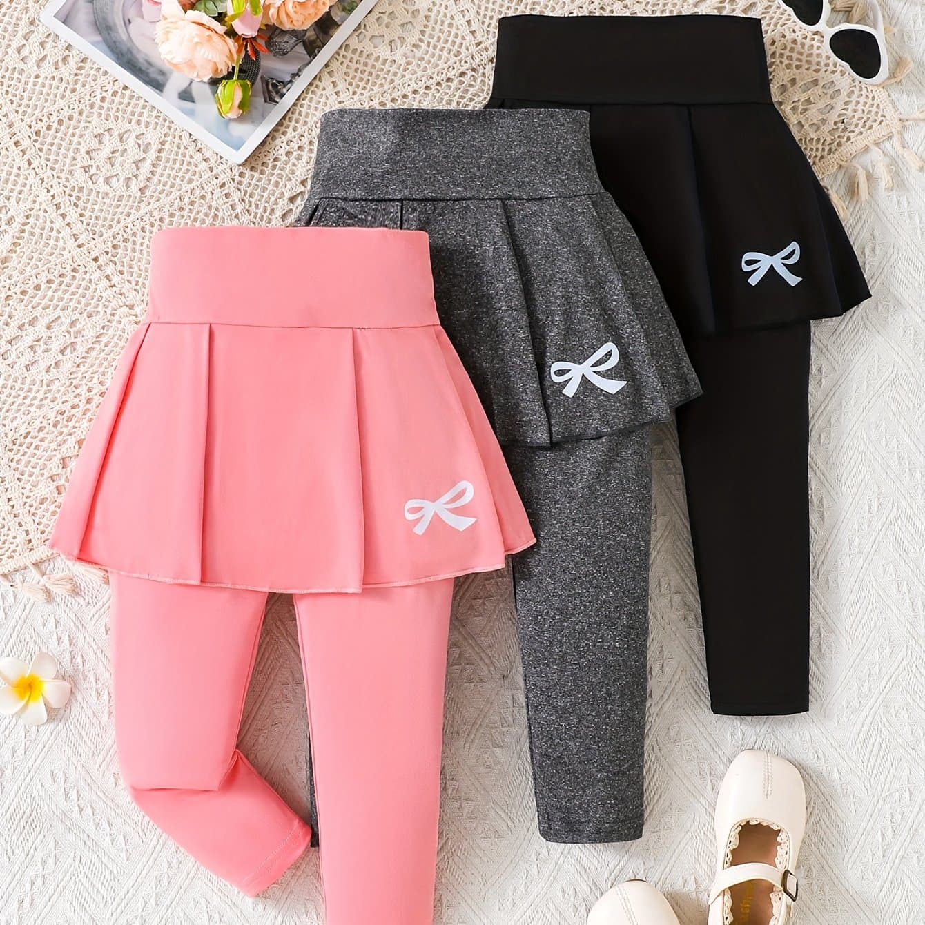 TEMU 3pcs Young Girl Slim-fit Casual Solid Color Skort With Bow Pattern Print For Spring/fall, Gift For Daughter