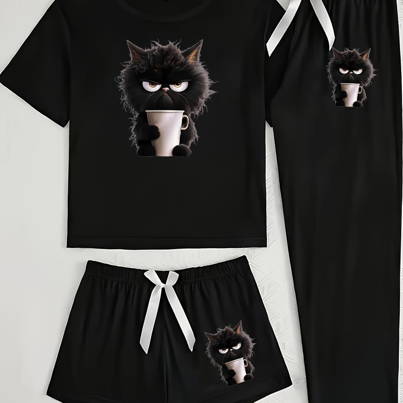 TEMU Ladies' Casual, Soft, Comfortable, Cute Cat Three-piece Set Suitable For Wearing Outside