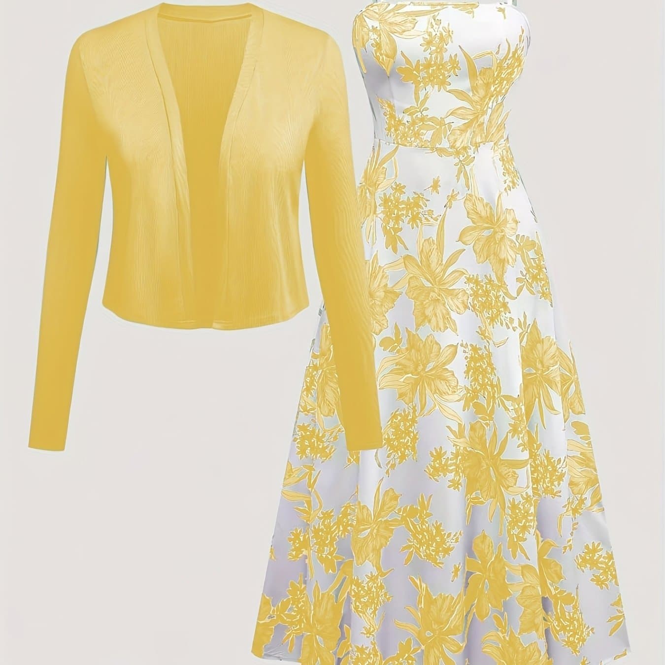 TEMU Women's Stylish Two-piece Cardigan And Floral Printed Dress Set