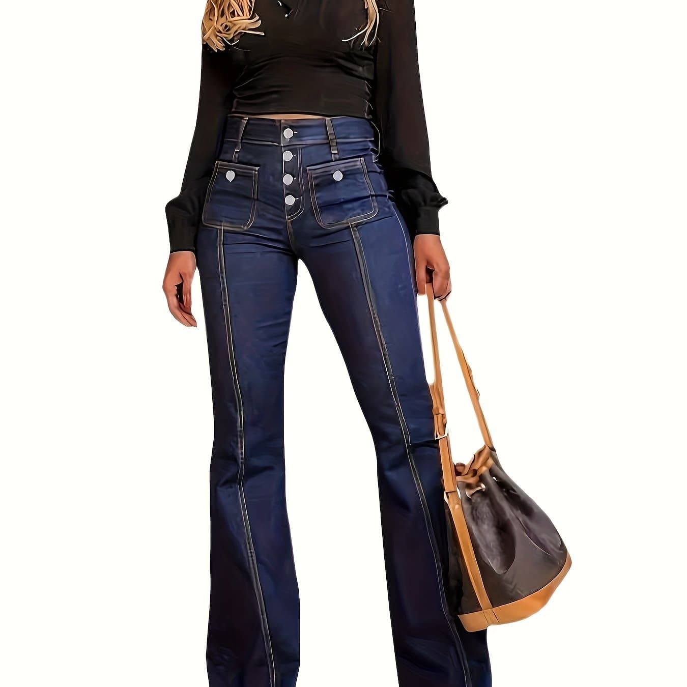 TEMU 2025 Summer New Breasted High Waist And Thin Temperament Flared Jeans