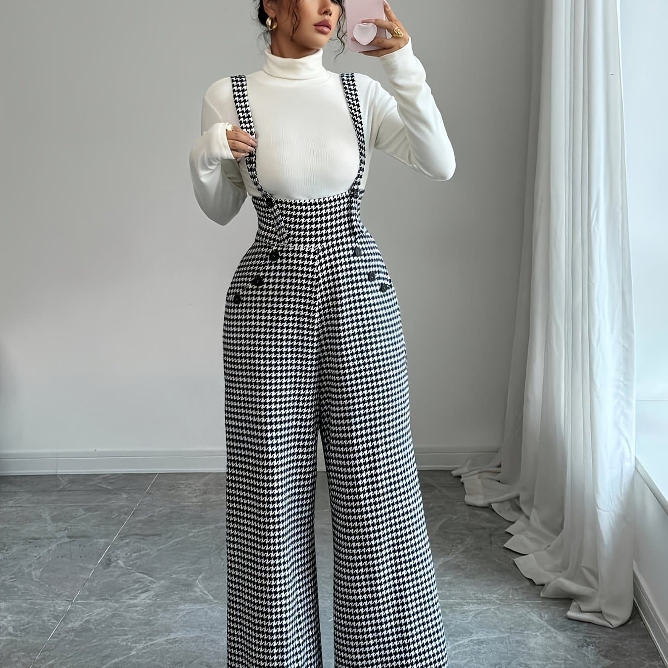 TEMU Elegant Women's Camisole Straight Wide-leg Suspender Pants, Retro Casual Overalls, All-match Daily Wear