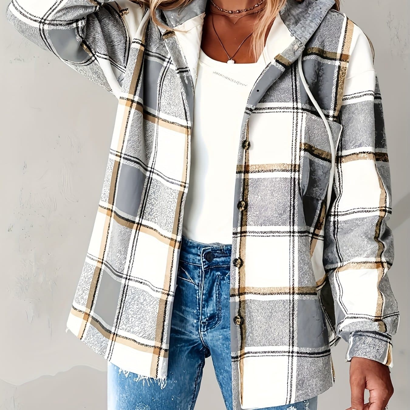 TEMU Women's Oversized With Fleece Lining - Hooded Winter Coat, Large Checkered Pattern (black/tan/gray/white), Loose-fit Casual Outerwear For Winter, Machine Washable Hoodie Jacket