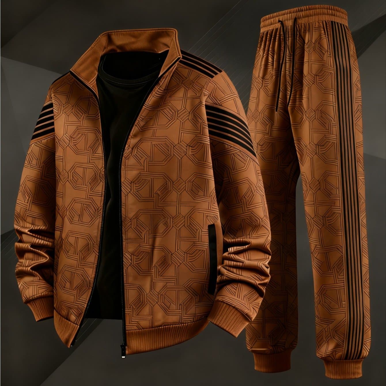 TEMU 2pcs Men's Casual Sportswear Set With Ribbed Fabric Straps, Comfortable Zipper Jacket And Elastic Drawstring Waist Jogging Pants, Suitable For Gym Running And Casual Wear.