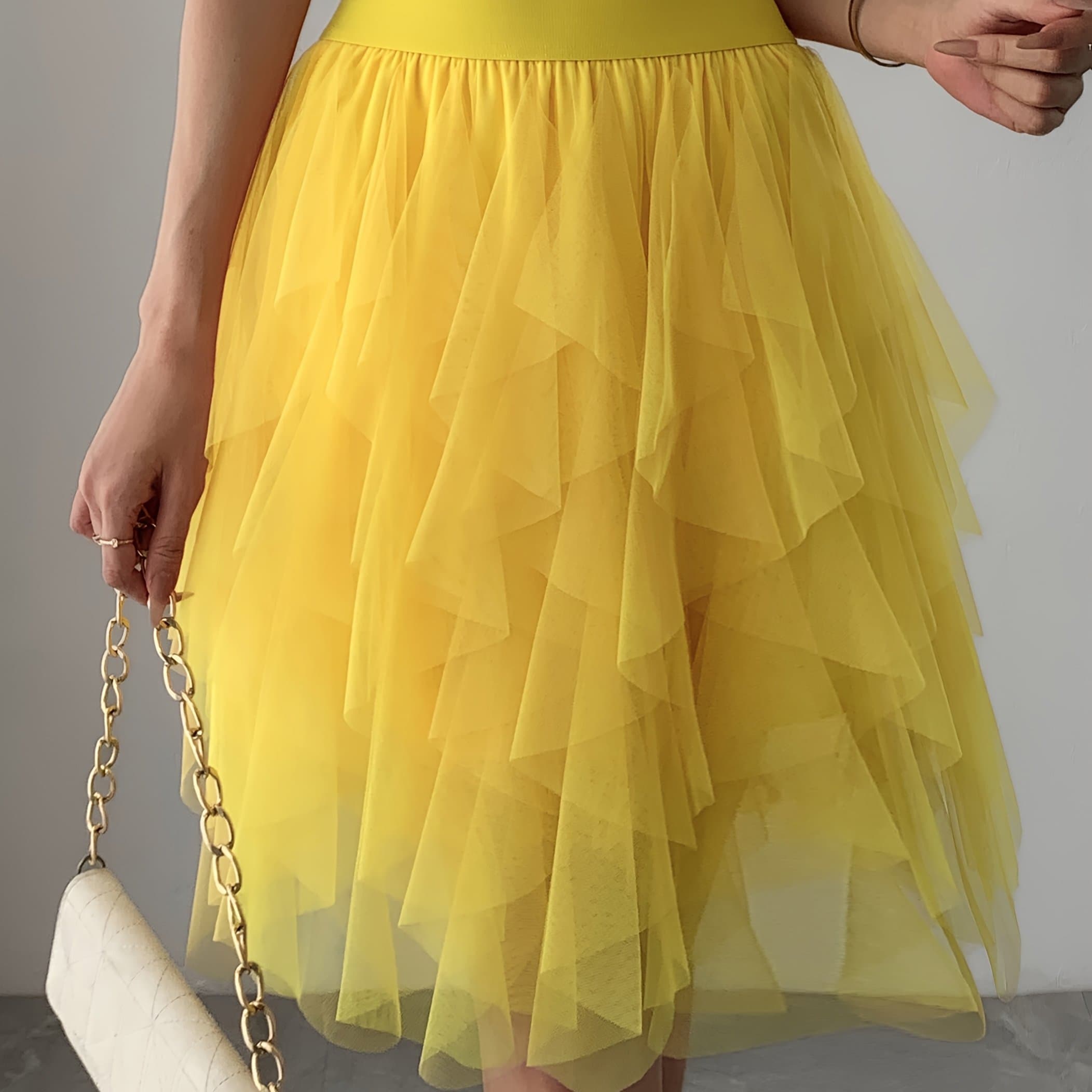 TEMU Solid Color Irregular Mesh Skirt | Casual Flared Hem, Regular Fit, Summer Season