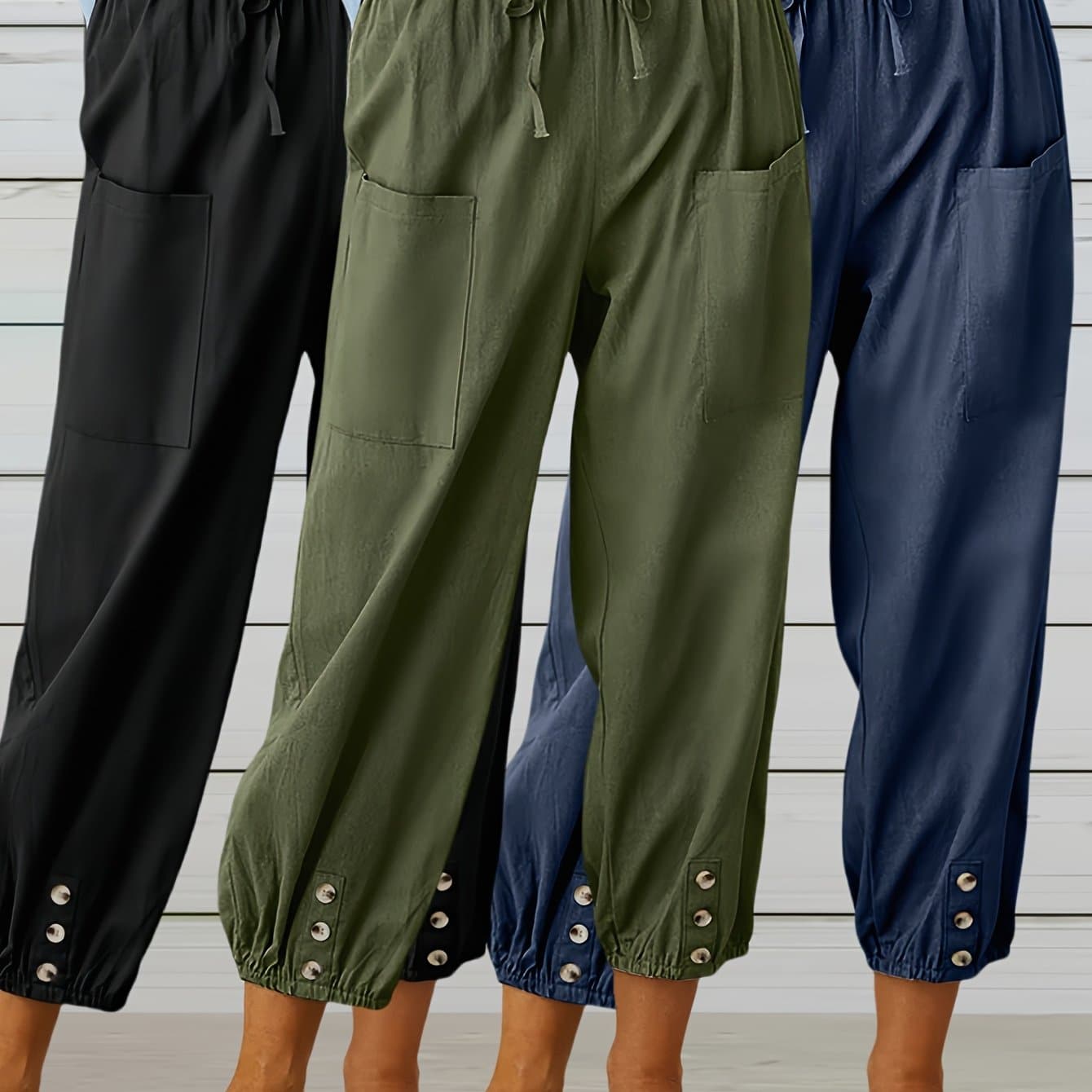 TEMU 3pcs Spring Summer Autumn Women Thin High-waist Elastic Comfortable Loose Pants, False Button Leg Yoga Pants, Fashion Casual Pants