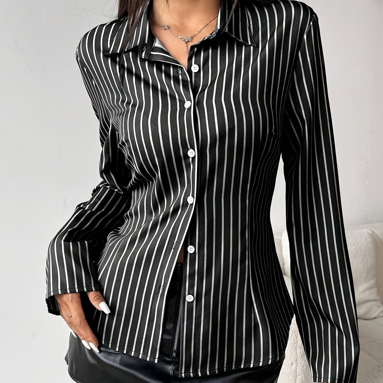 TEMU Women's Long-sleeve Striped Formal Shirt For Spring And Summer