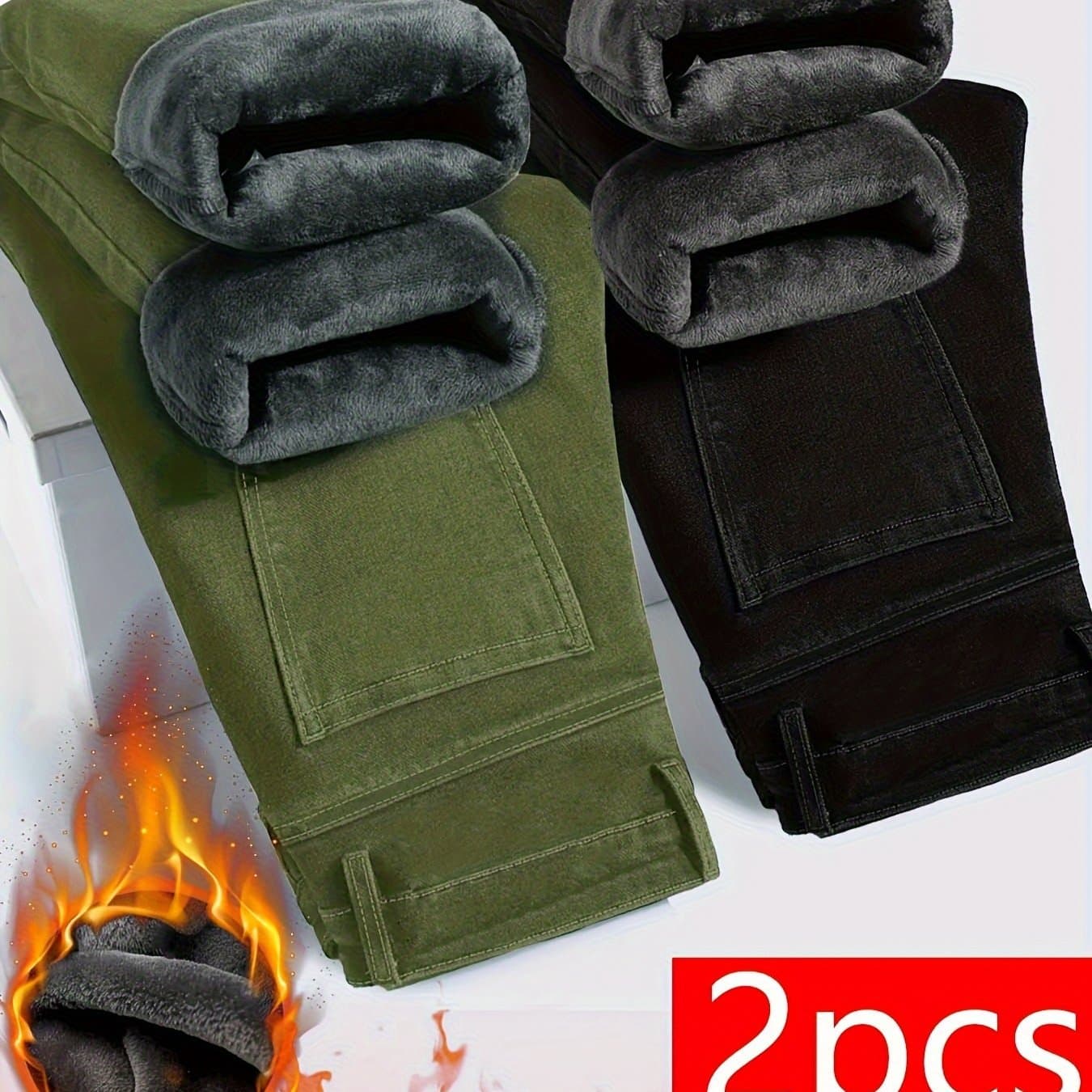 TEMU 2pcs Men's Slim Fit Fleece Lined Jeans - Business Casual Thermal Trousers For Winter