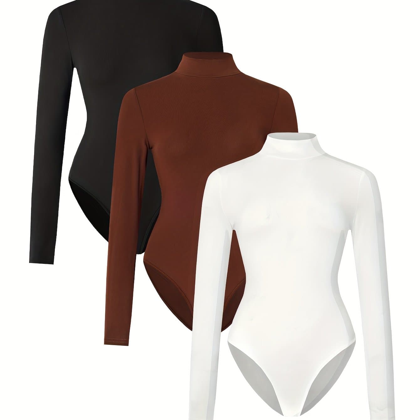 TEMU 3pcs Women's High Neck Long Sleeve Slim Fit Tops - Stretchy Turtleneck Shirts, Semi-sheer Casual Layering Essentials In Black, , Versatile Clothing, , Comfortable Wear