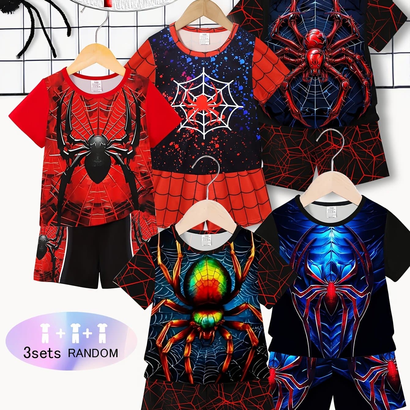 TEMU Sent 3 Sets, Total 6pcs, 3d Spider Print Pattern, Boys' Short-sleeve Set. Hand-cut, Suitable As A Holiday Gift For Children, For Outdoor