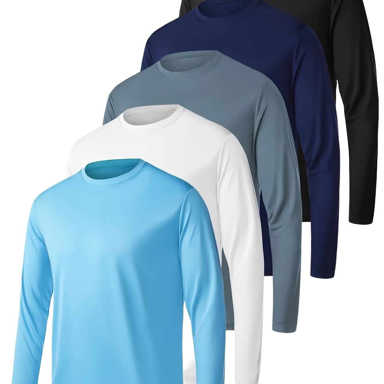 TEMU 5pcs Long Sleeve Shirts For Men | Moisture Wicking, Spf, Knitted Fabric, Crew Neck, Solid Color, Non-stretch, Regular Fit