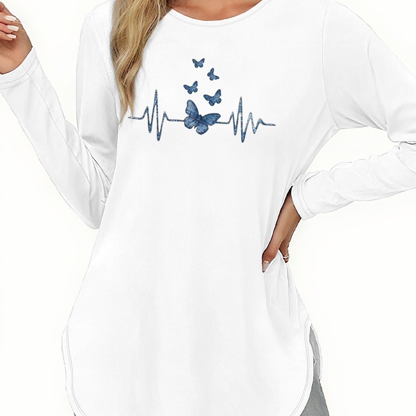 TEMU Women's Fashion Long-sleeved T-shirt, Printed Design Round-necked T-shirt, Women's Autumn And Winter Casual Long-sleeved T-shirts With Hem Slit Design.