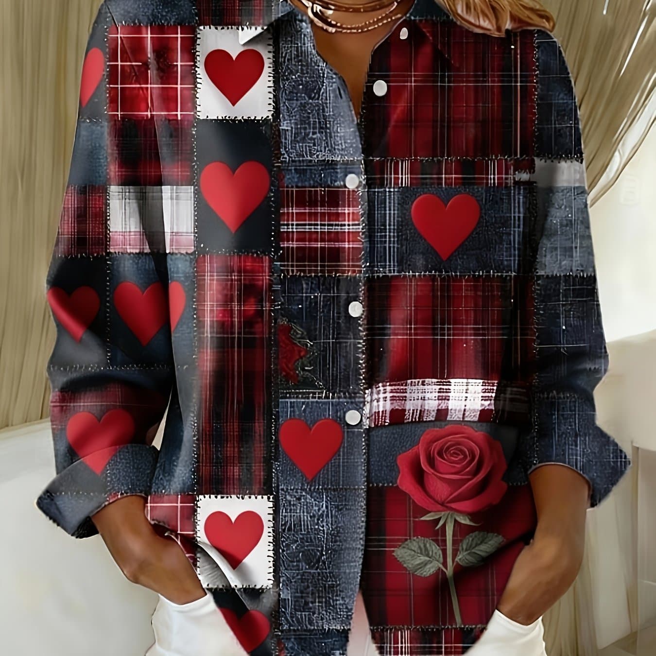 TEMU 2d Flat Printing Women's Valentine's Day Heart Rose Print Long-sleeve Blouse - Party & Holiday Top, Casual Office Wear For Spring And Fall, Classic Button-front Shirt (perfect Gift Idea)