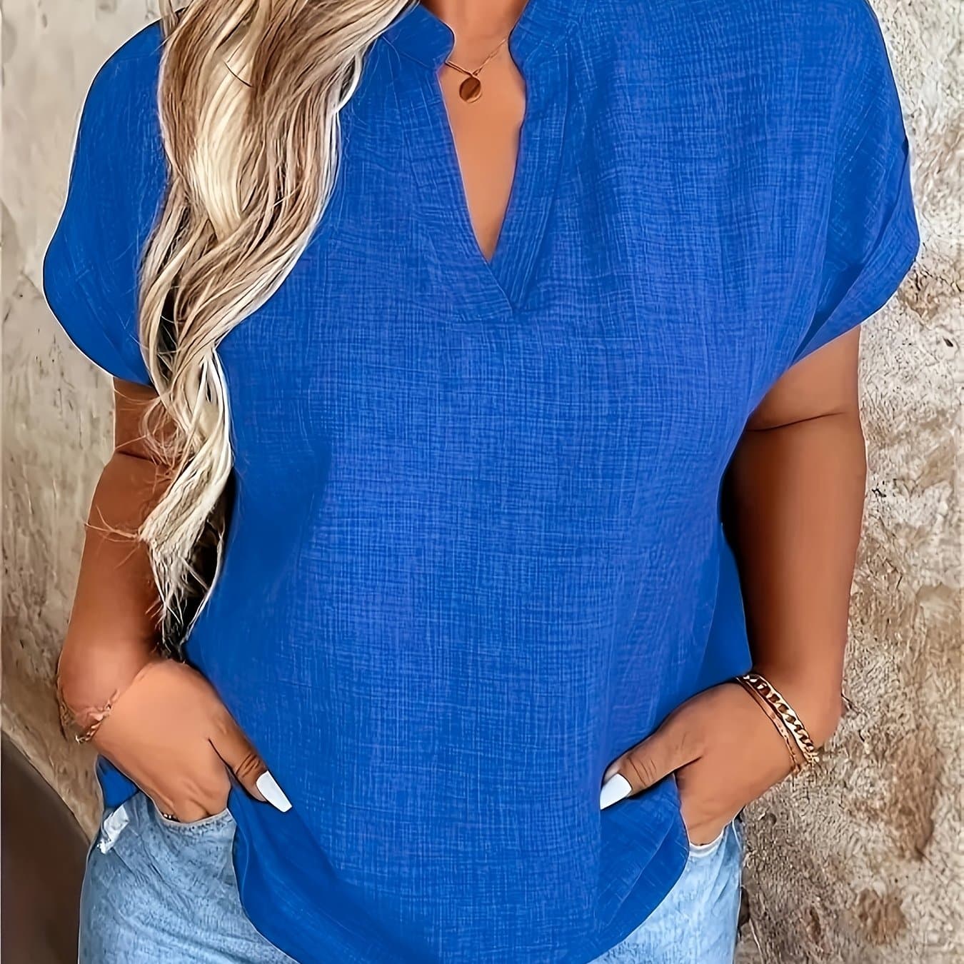 TEMU Elegant V-neck Blouse Short Sleeve Collar Top